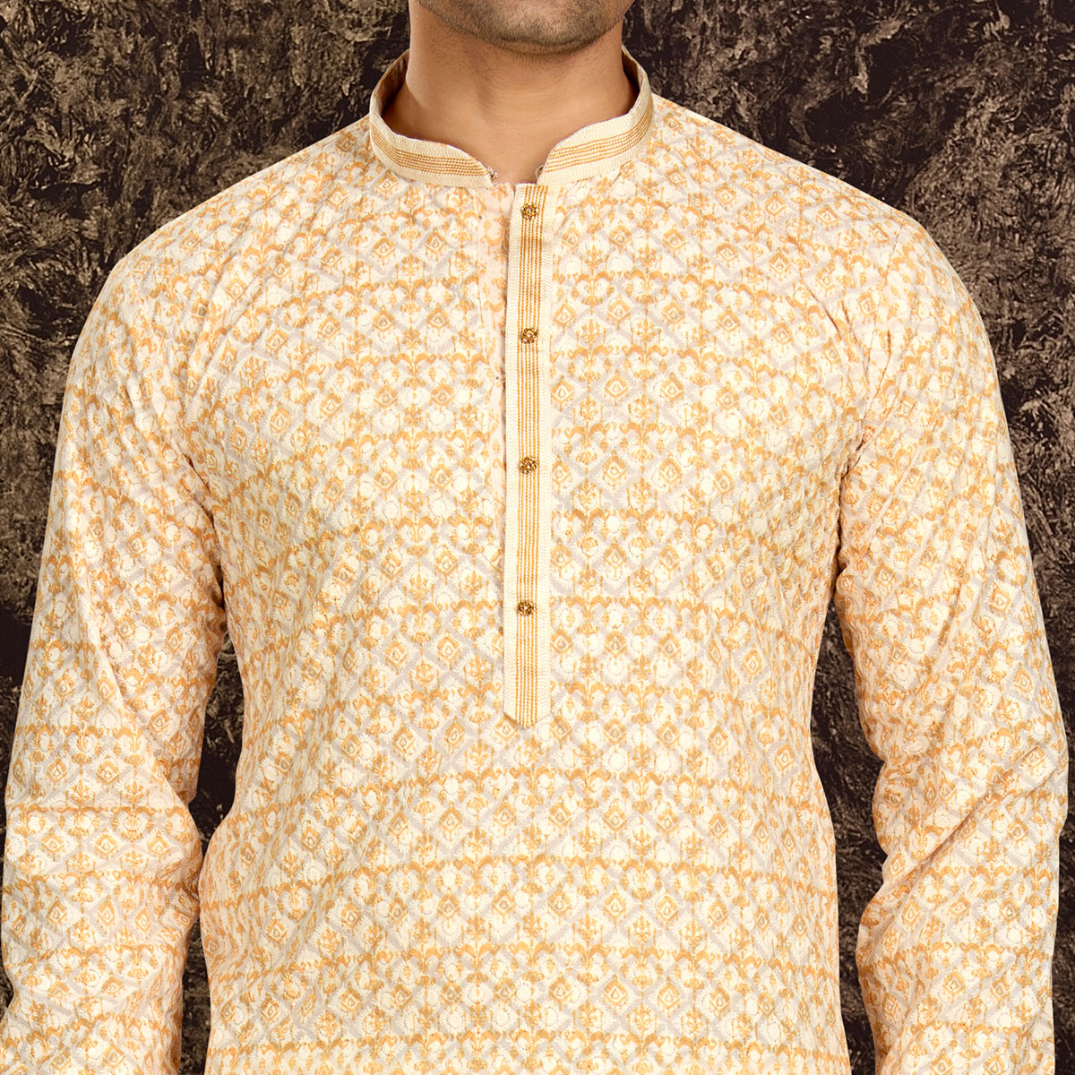 Light Yellow Lucknowi And Digital Printed Cotton Kurta Pyjama Set