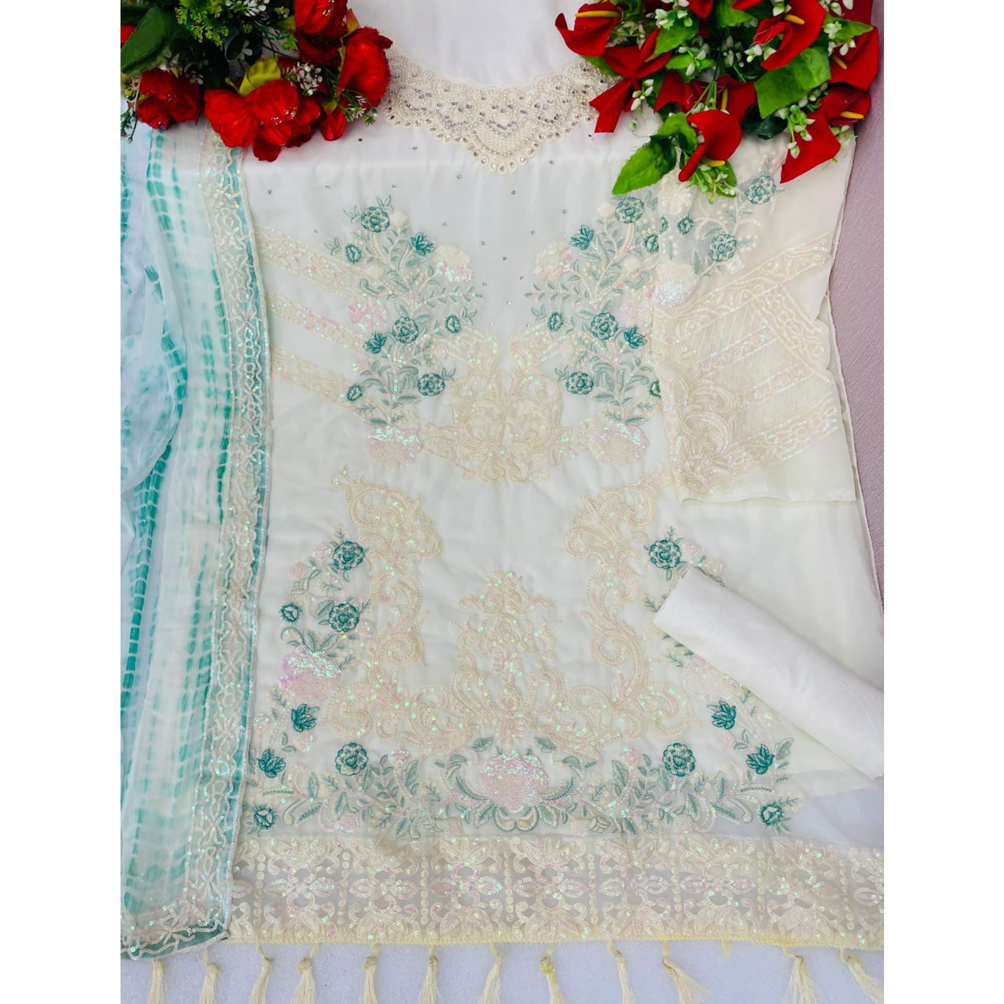 White Sequins Embroidered Georgette Pakistani Suit