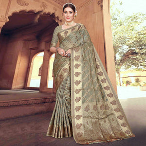 Grey Floral Woven Organza Saree