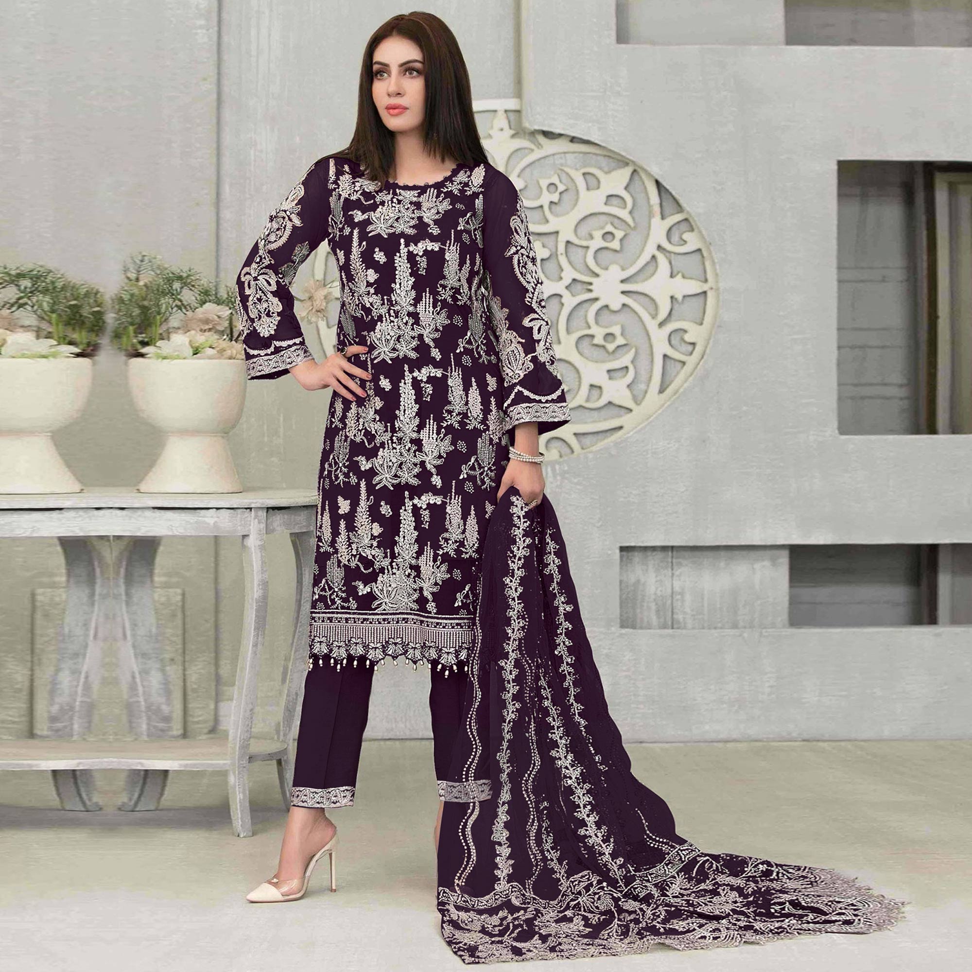 Purple Floral Embroidered Georgette Pakistani Suit