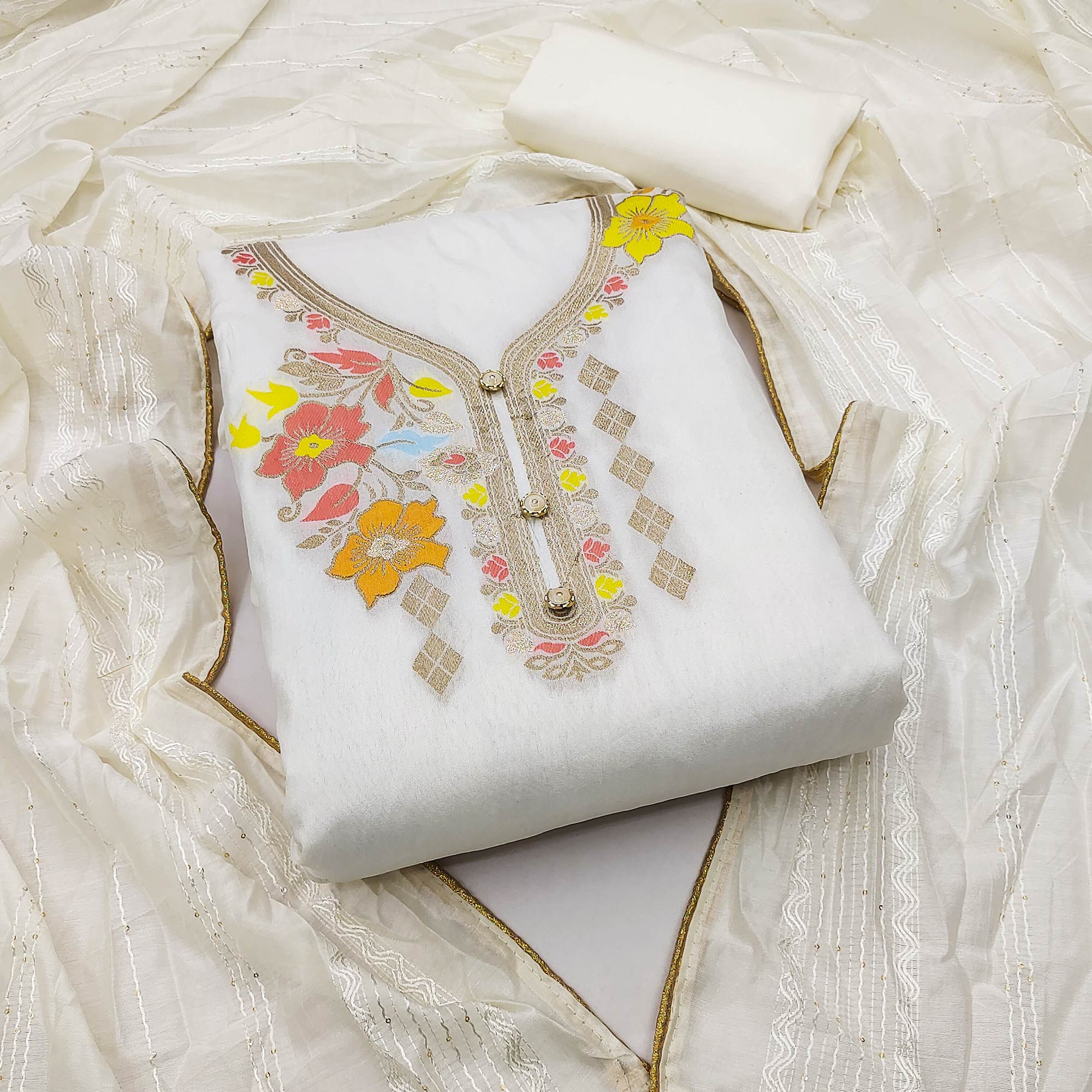 White Floral Woven Banarasi Silk Dress Material