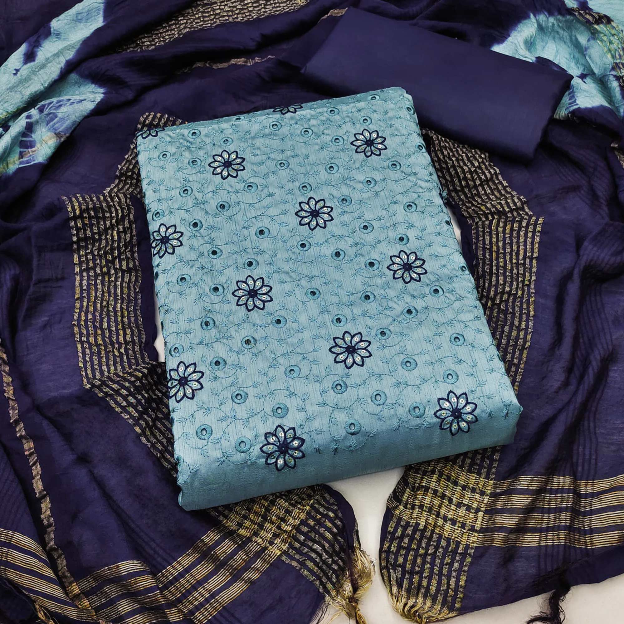 Blue Embroidered Raw Silk Dress Material