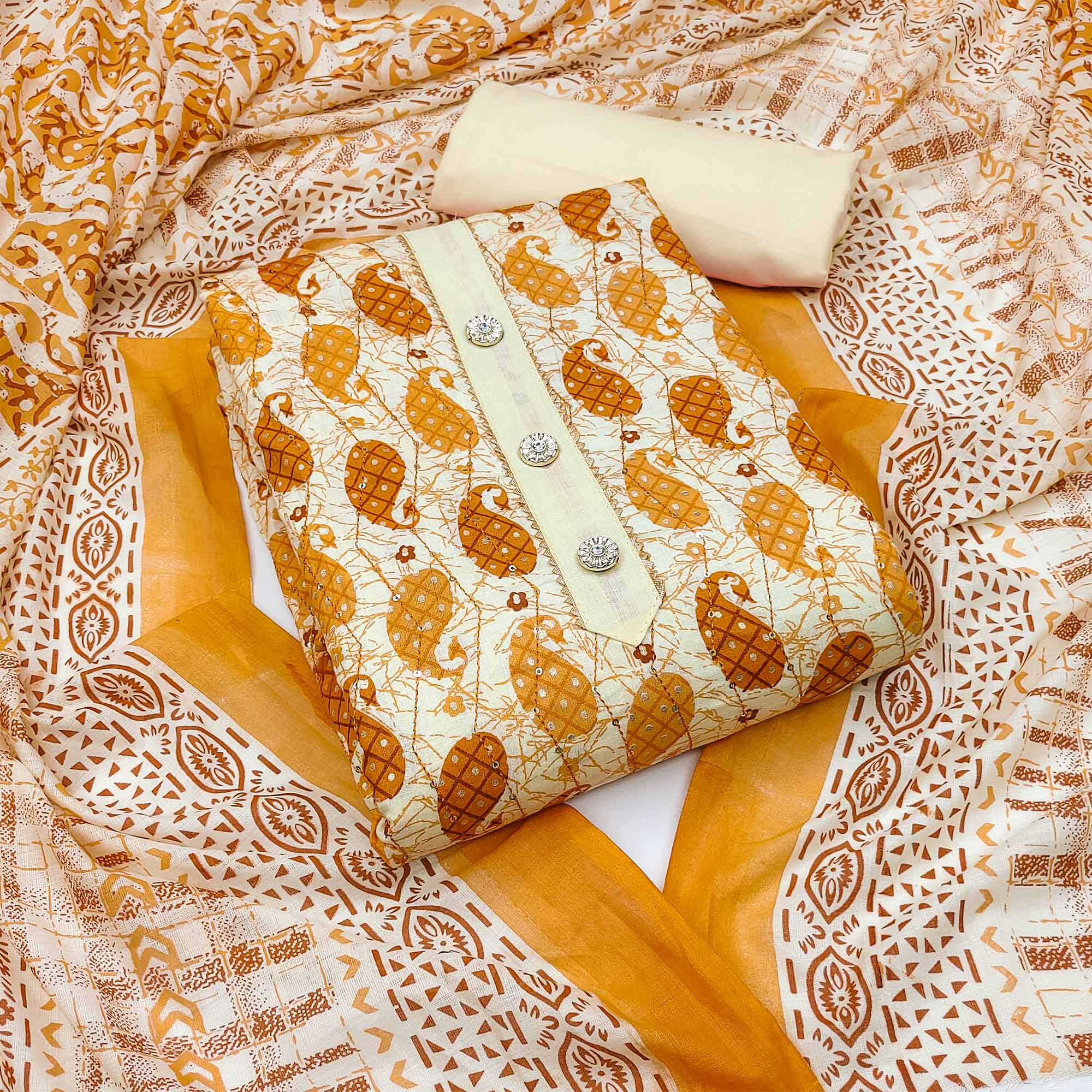 Mustard Printed Pure Cotton Dress Material