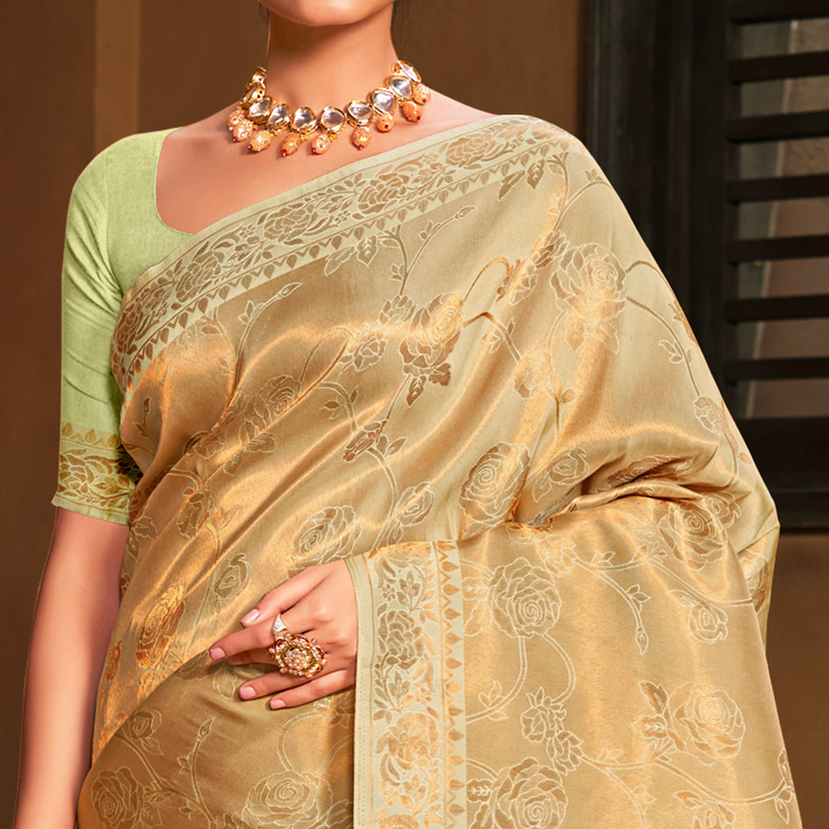 Golden Woven Art Silk Saree With Tassels