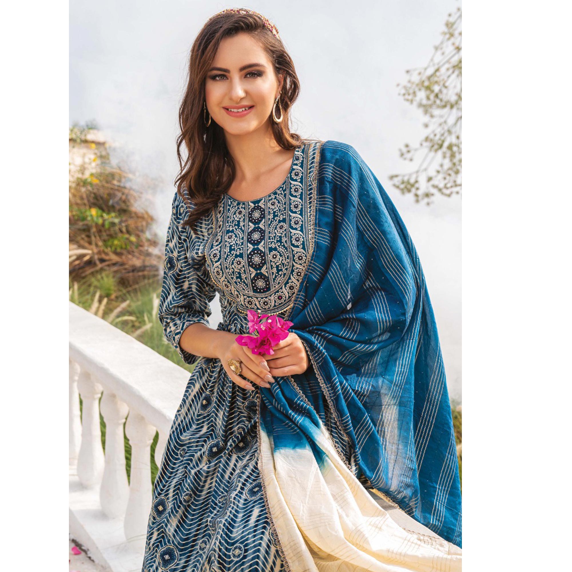 Blue Foil Printed Rayon Naira Cut Suit