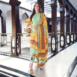 Sea Green And Yellow Digital Printed With Daman Embroidered Pure Cotton Pakistani Suit