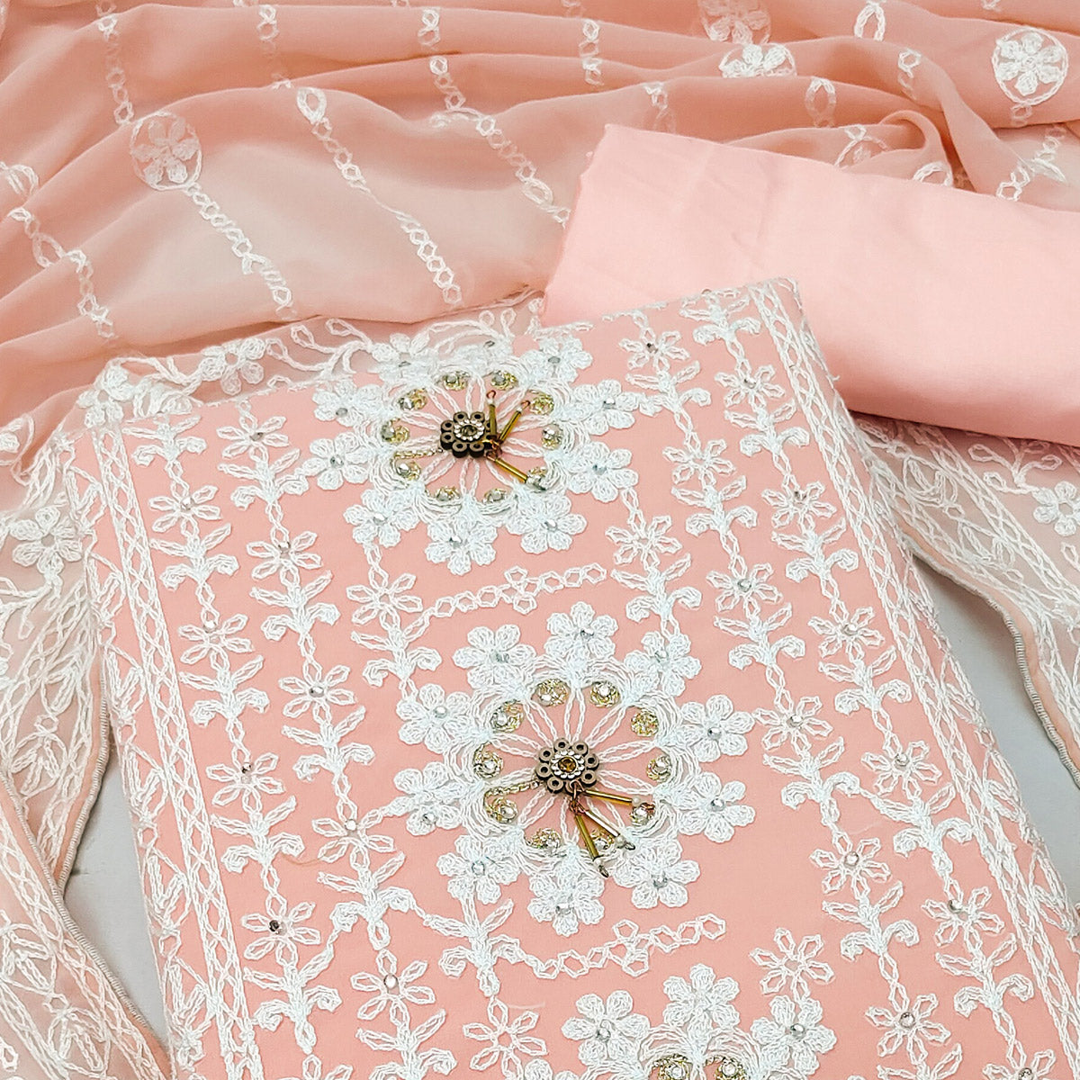 Peach Lucknowi Embroidered Georgette Dress Material