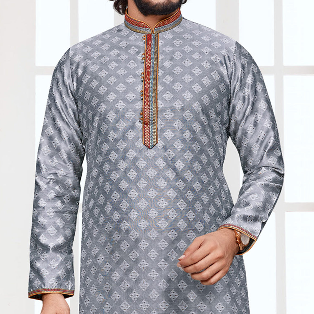 Grey Woven Jacquard Kurta Pyjama Set