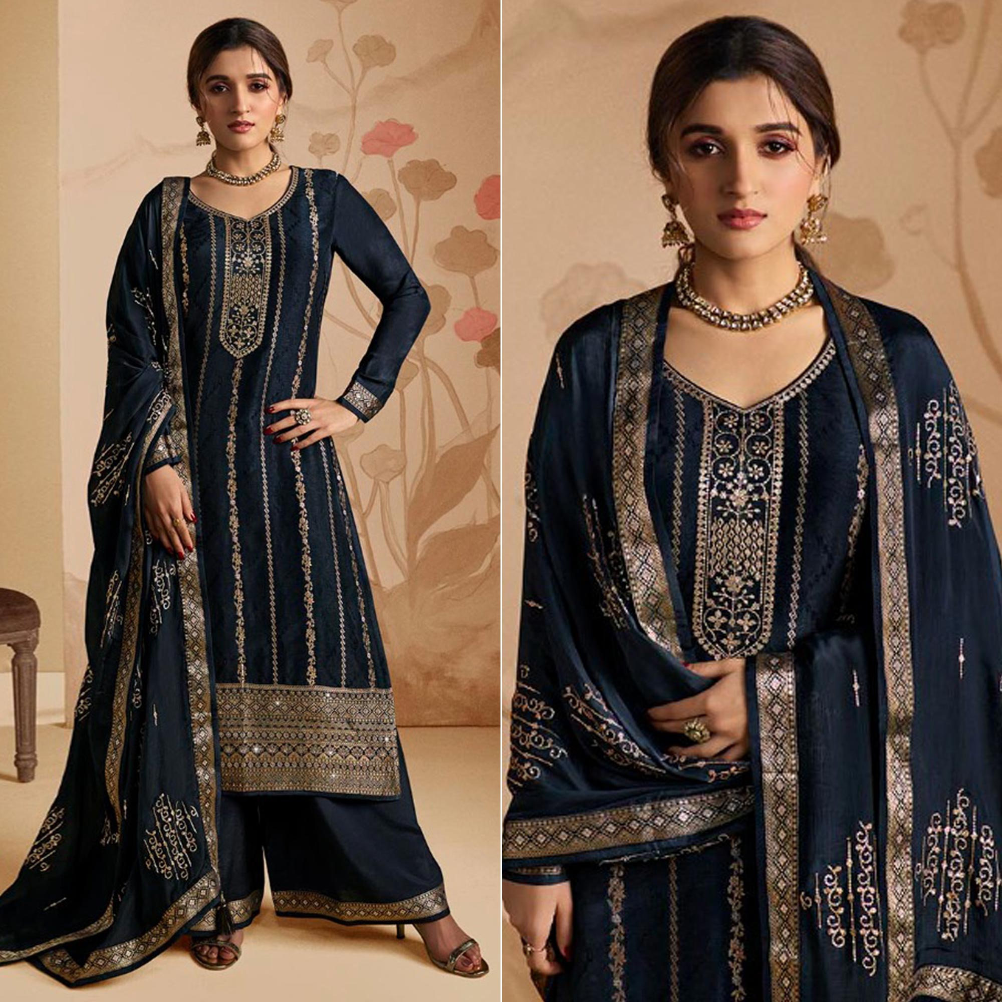 Navy Blue Woven And Embroidered Dola Silk Palazzo Suit