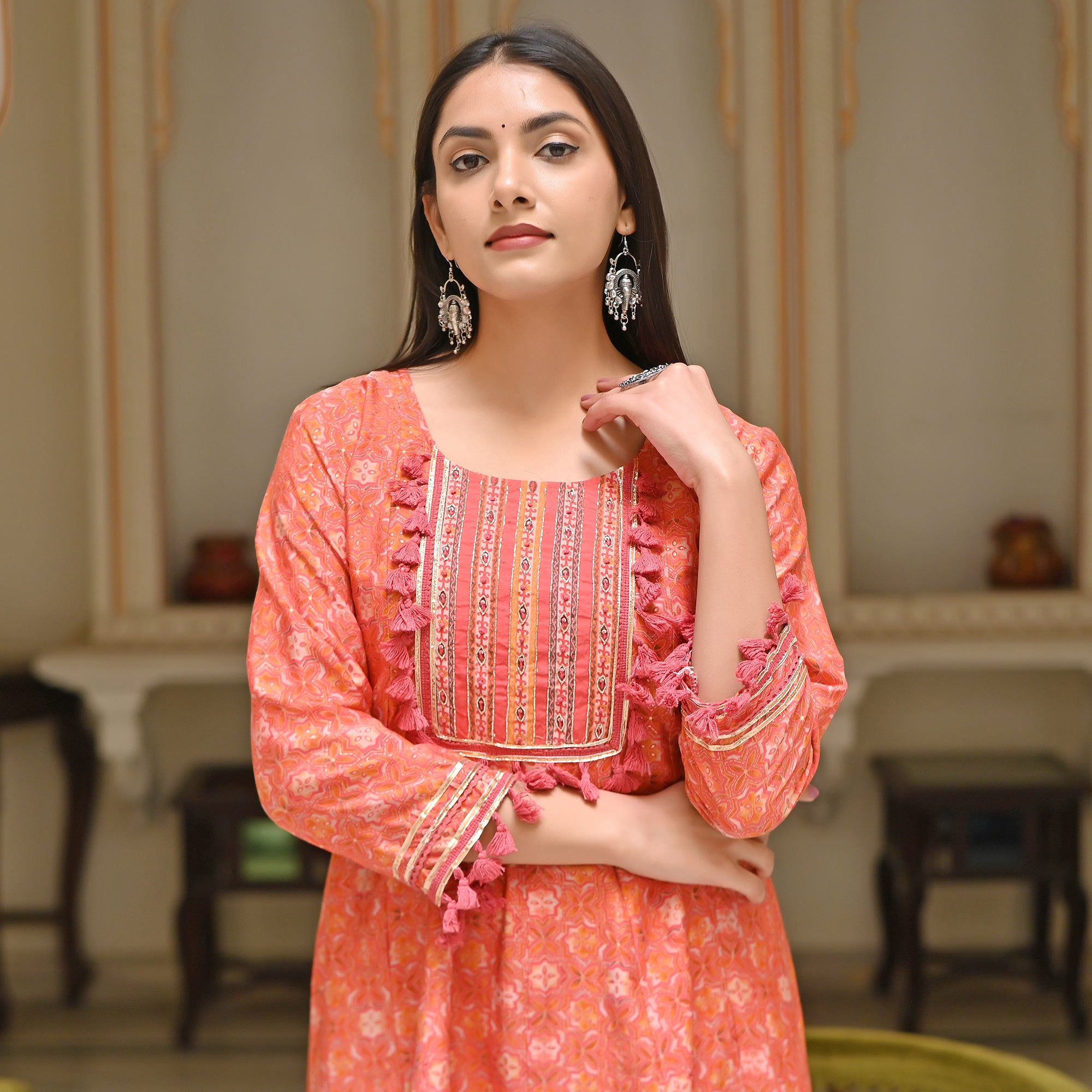 Peach Printed Muslin Kurti With Dhoti Set