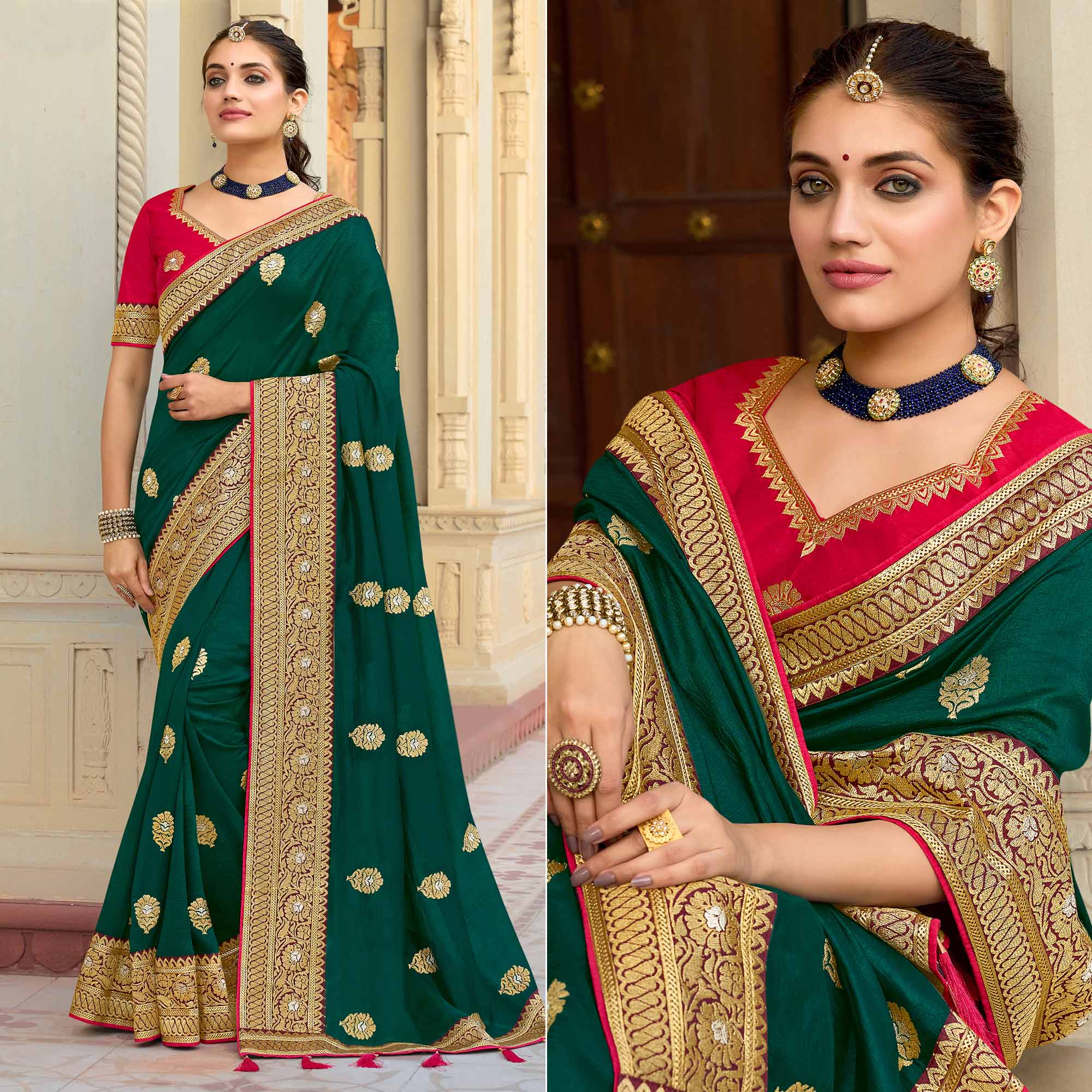 Green Embroidered Vichitra Silk Saree With With Tassels