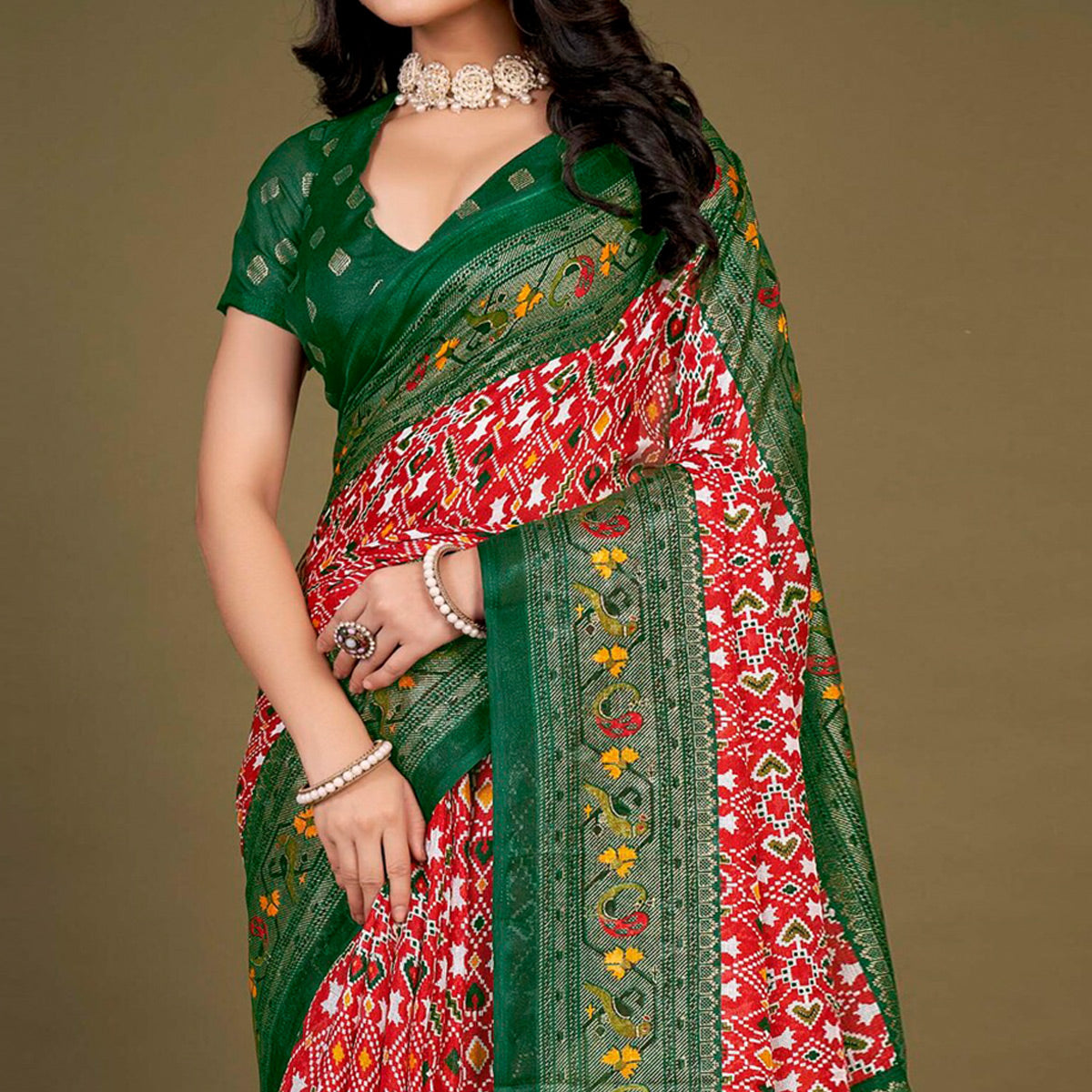 Red Printed Jute Patola Saree With Tassels