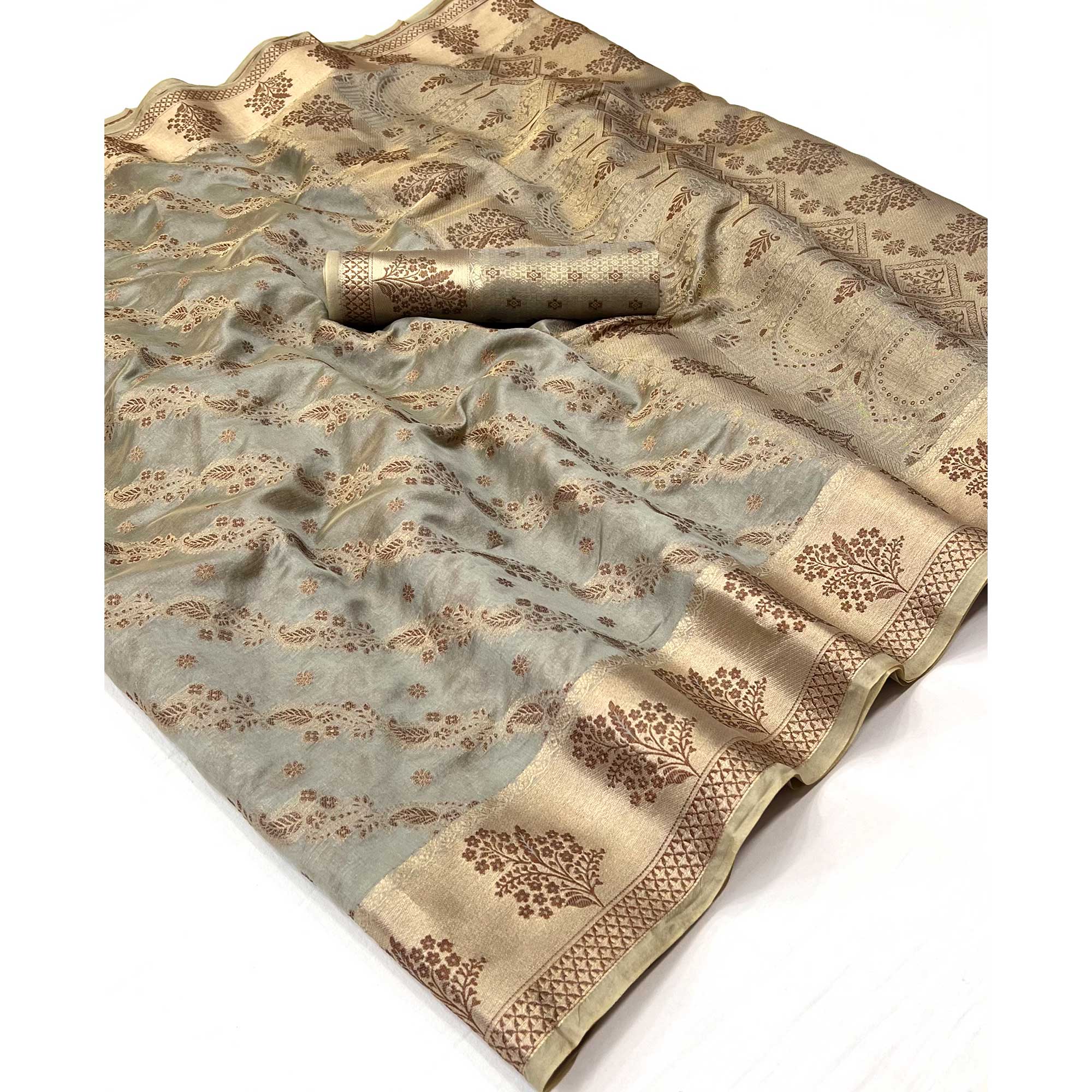 Grey Floral Woven Organza Saree