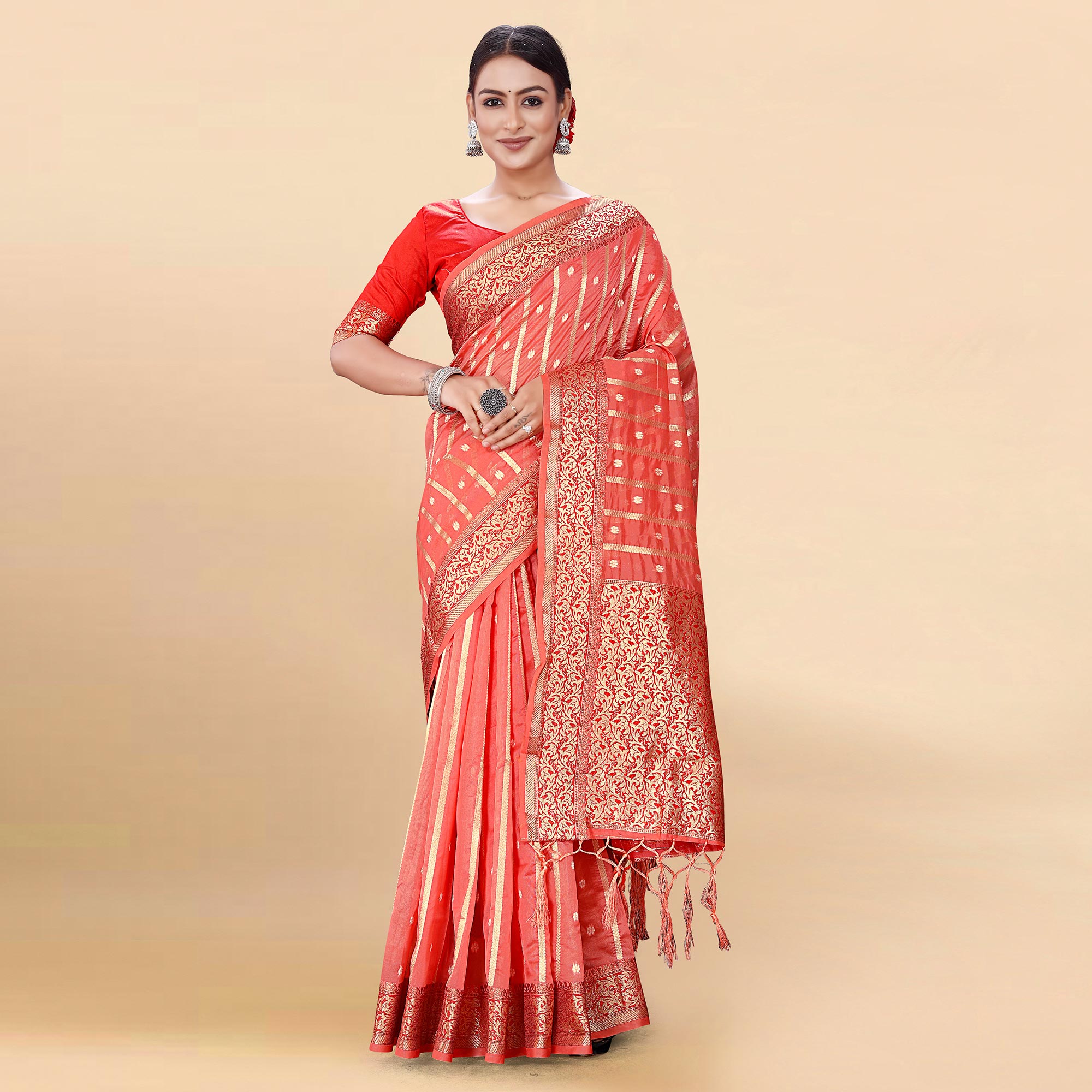 Pink Woven Organza Saree With Tassels
