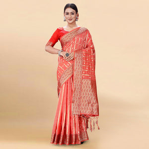 Pink Woven Organza Saree With Tassels