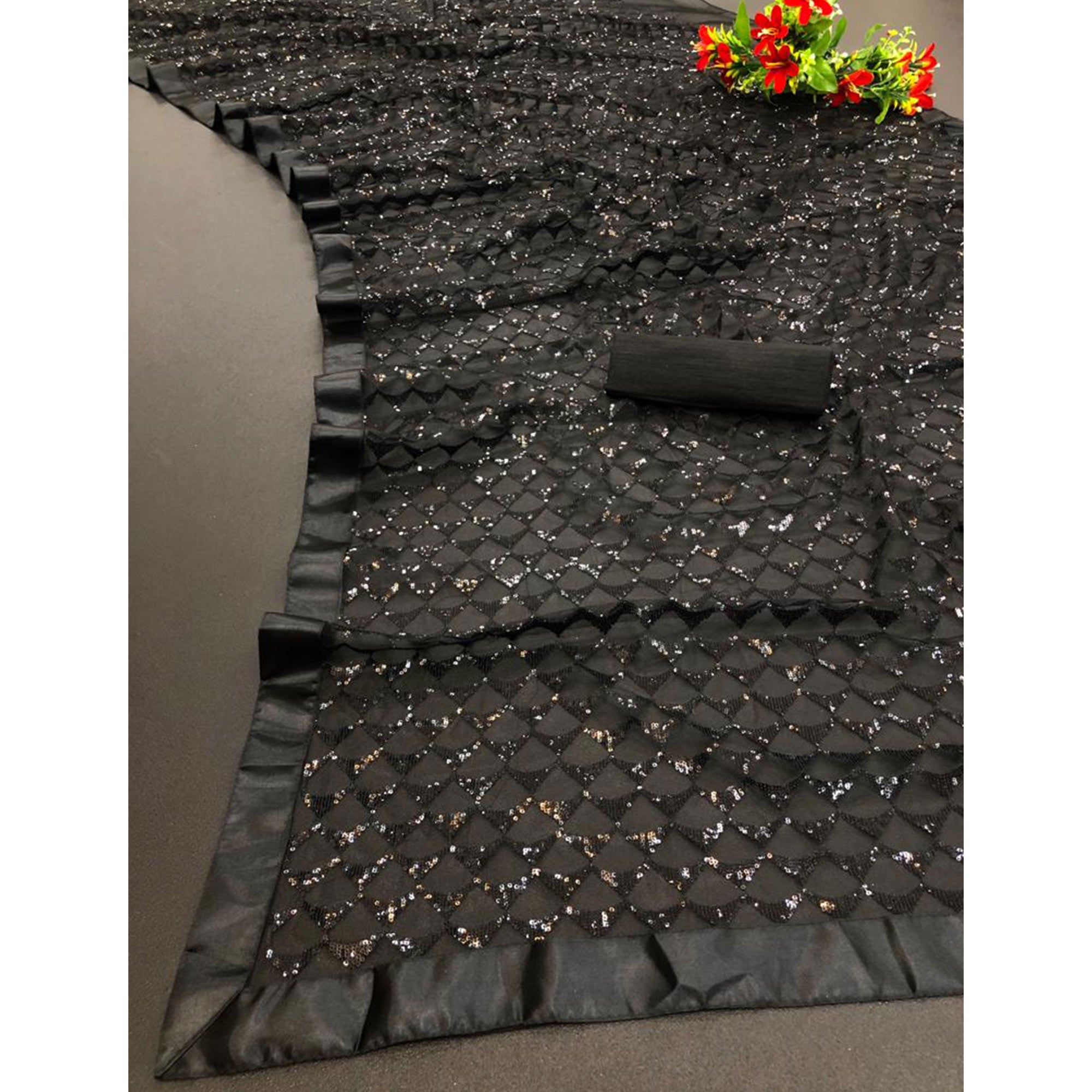 Black Sequins Embroidered Net Saree