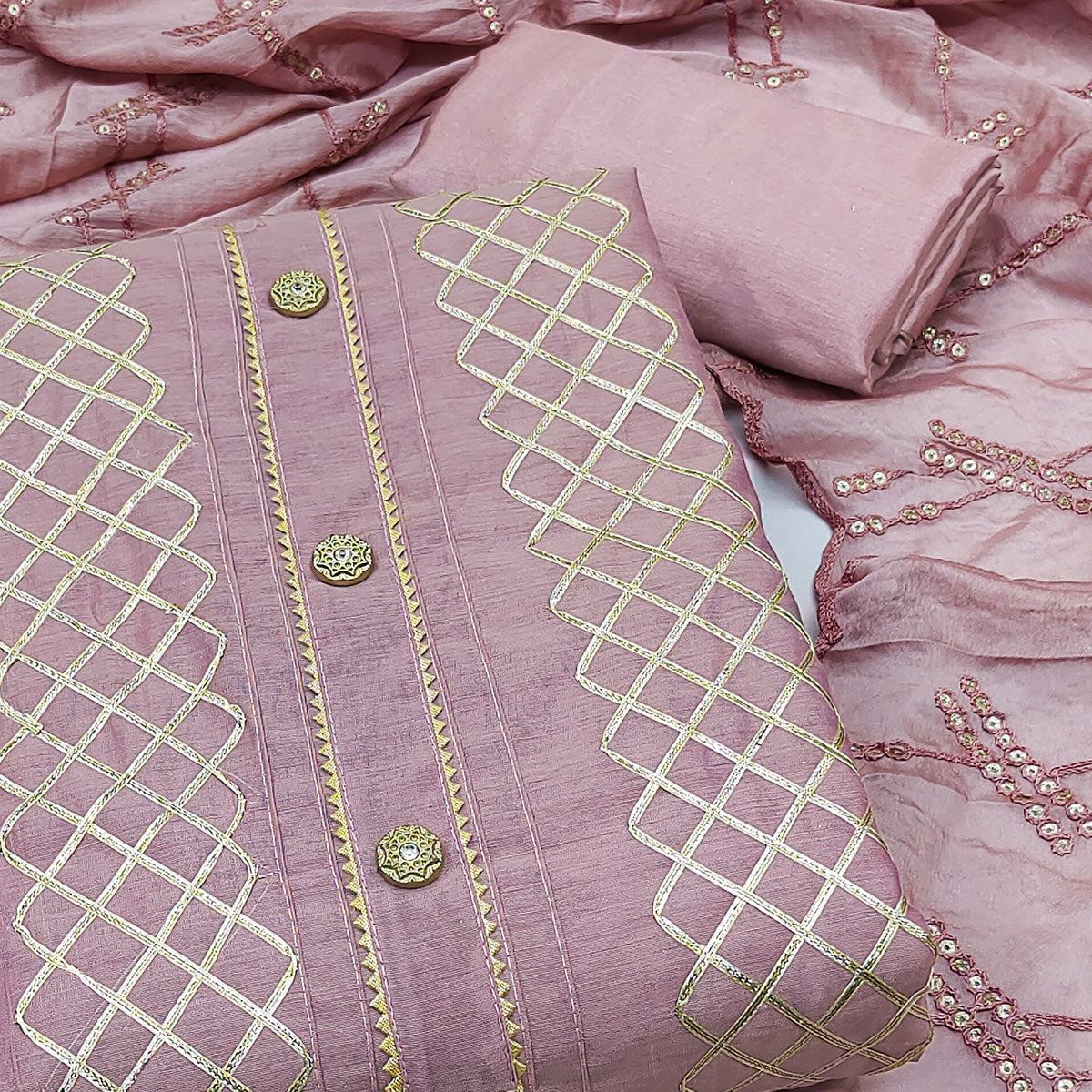 Mauve Gota Work Chanderi Dress Material