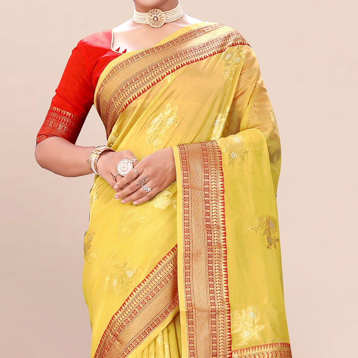Yellow Woven Organza Saree With Tassels
