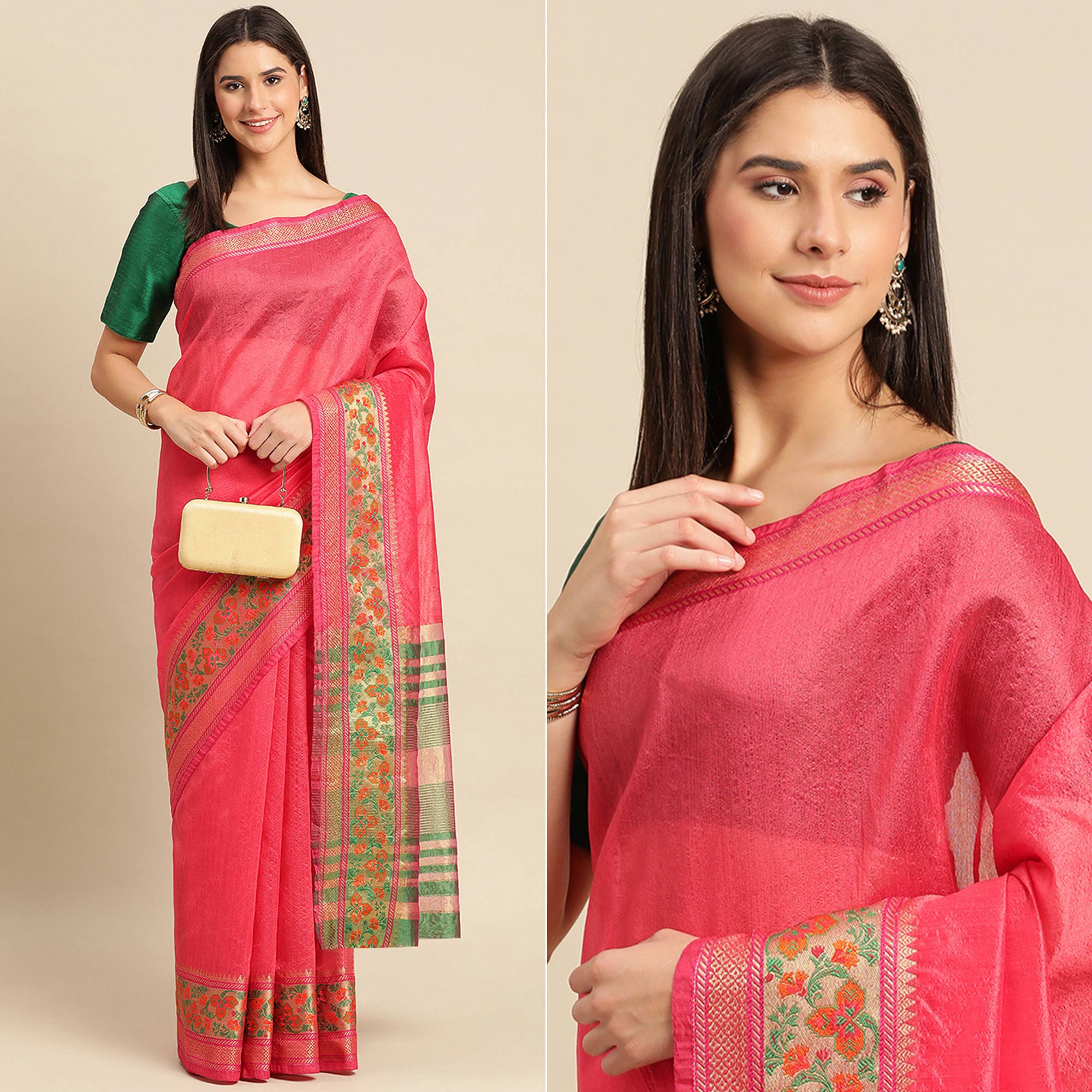 Rani Pink Woven Cotton Silk Saree