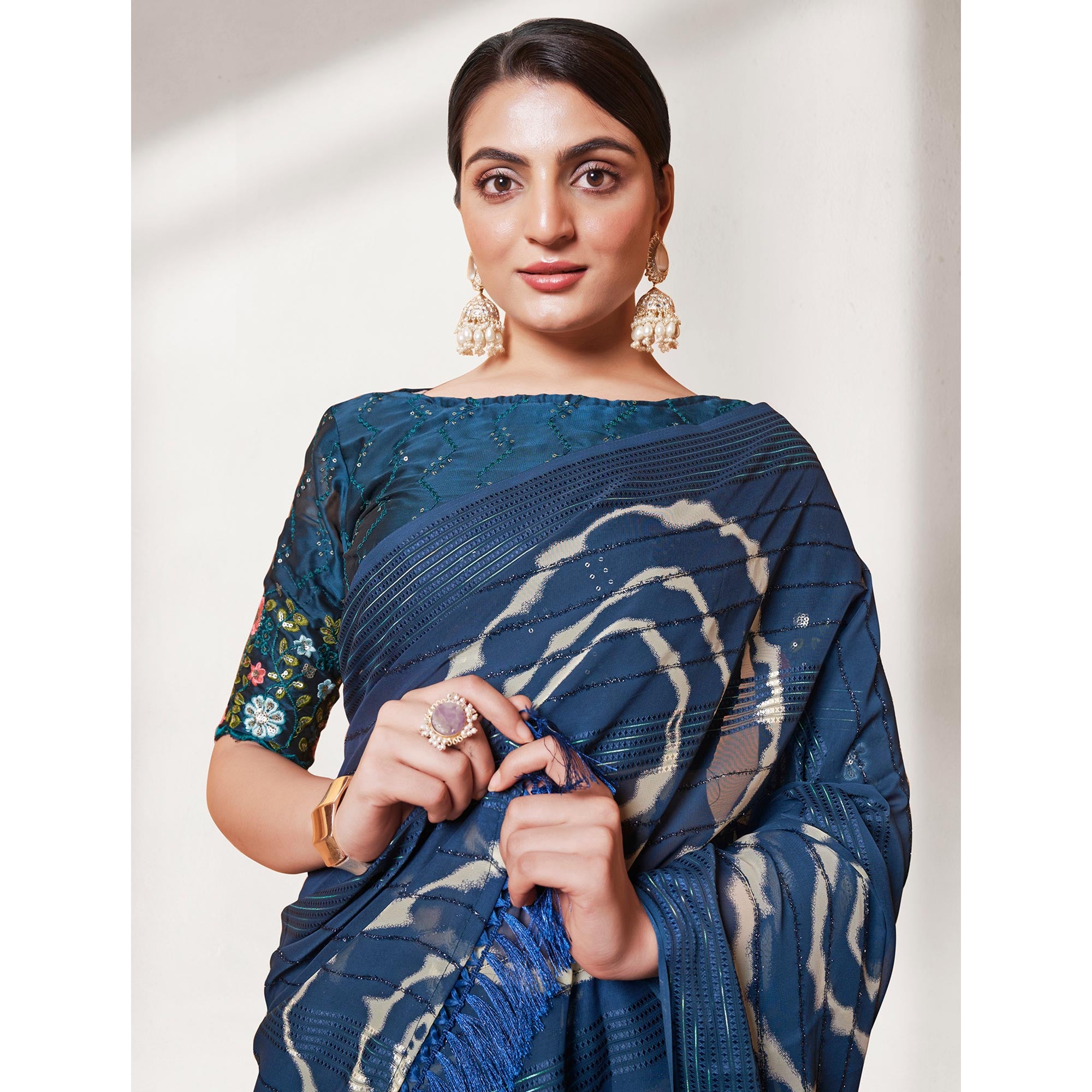 Teal Blue Printed Wiht Embroidered Georgette Saree