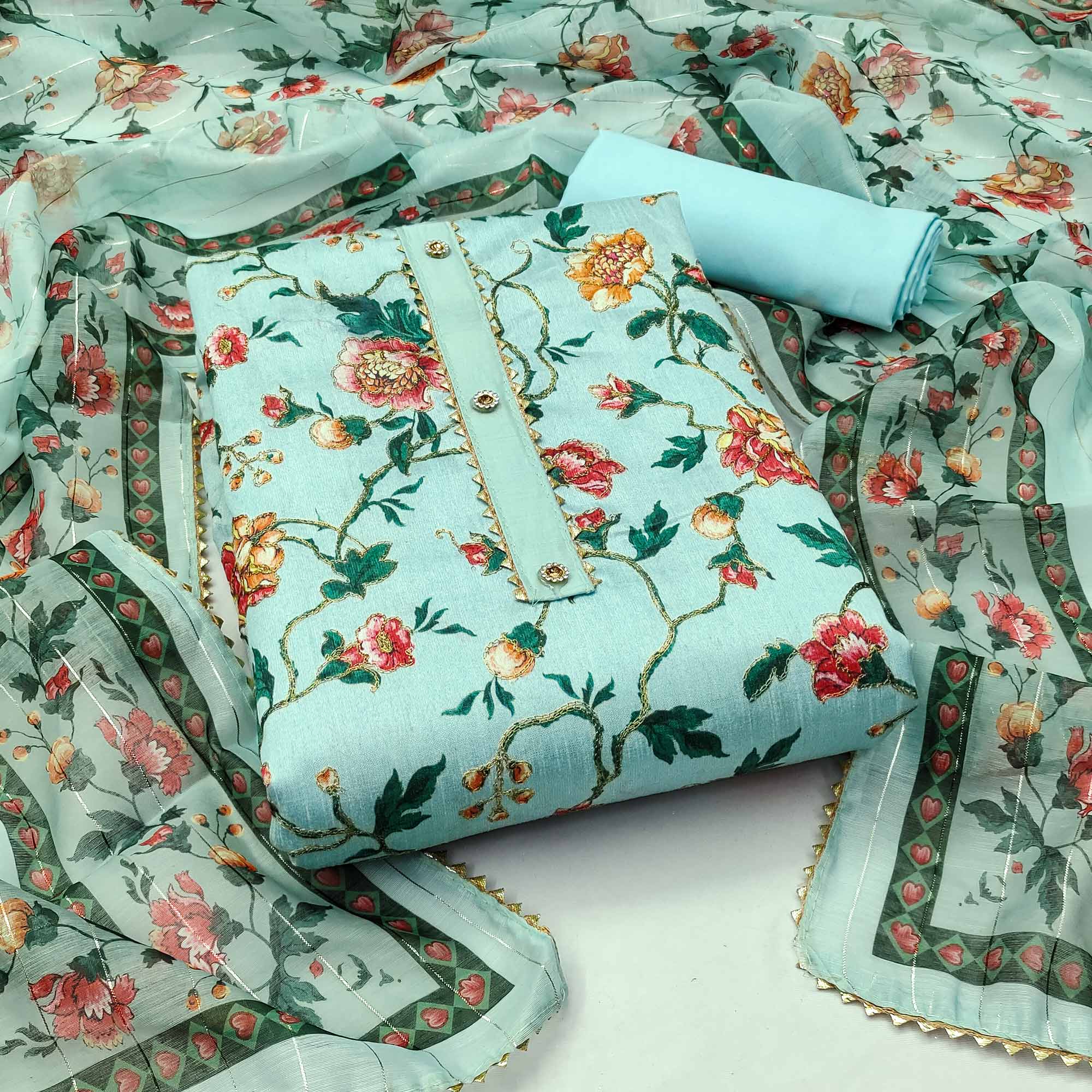 Blue Floral Printed Banglori Silk Dress Material