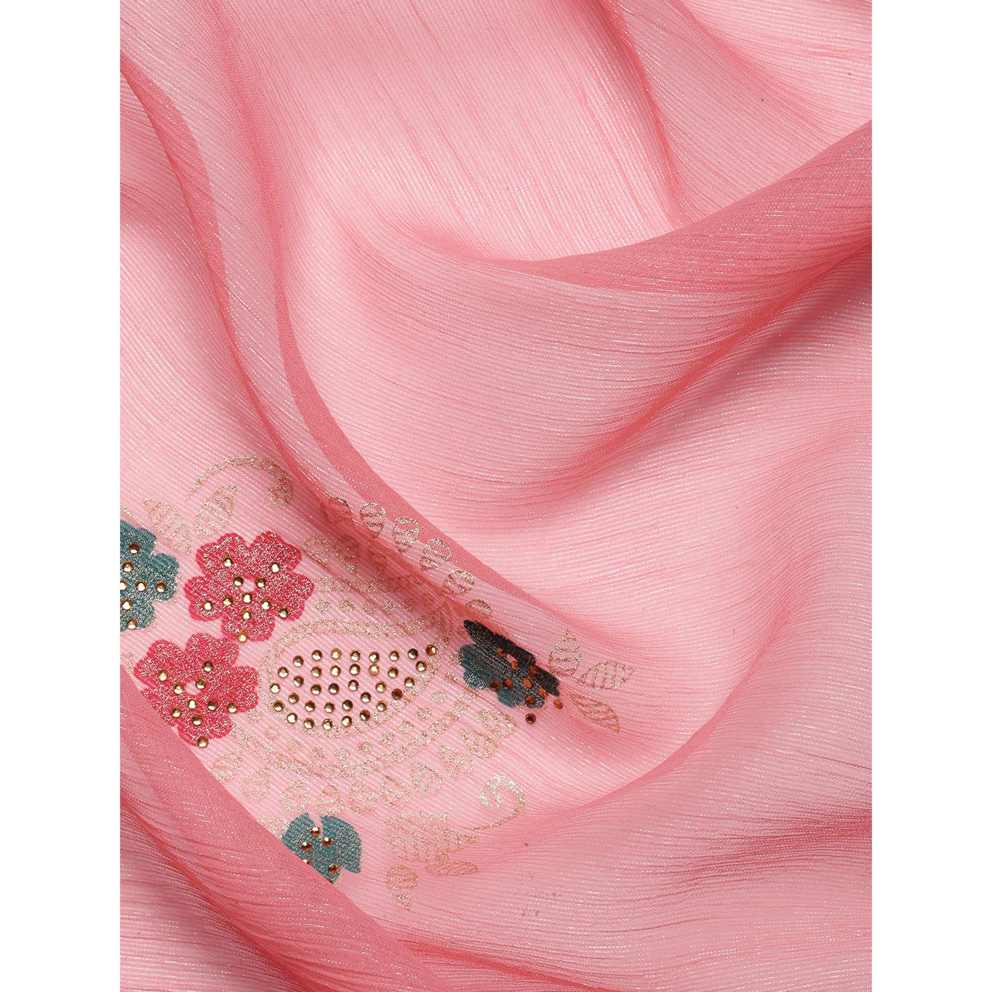 Pink Foil Printed With Swarovski Shimmer Chiffon Saree