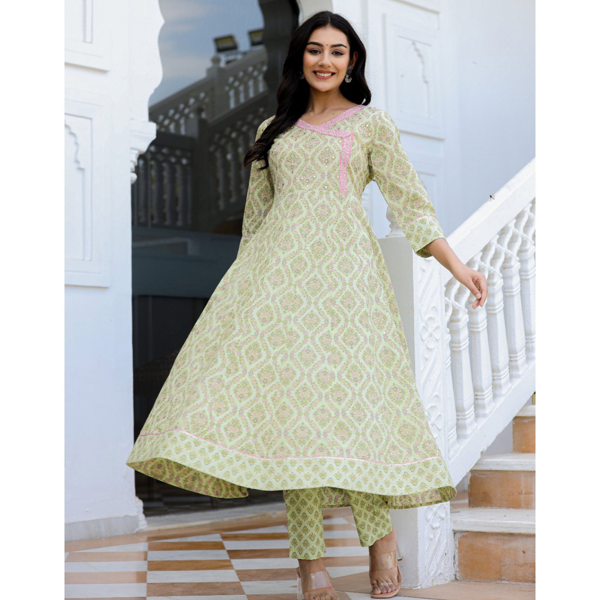 Green Floral Printed Pure Cotton Anarkali Suit