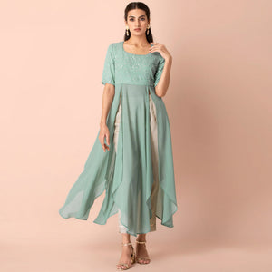 Light Sea Green Mirror Embroidered Georgette Kurti