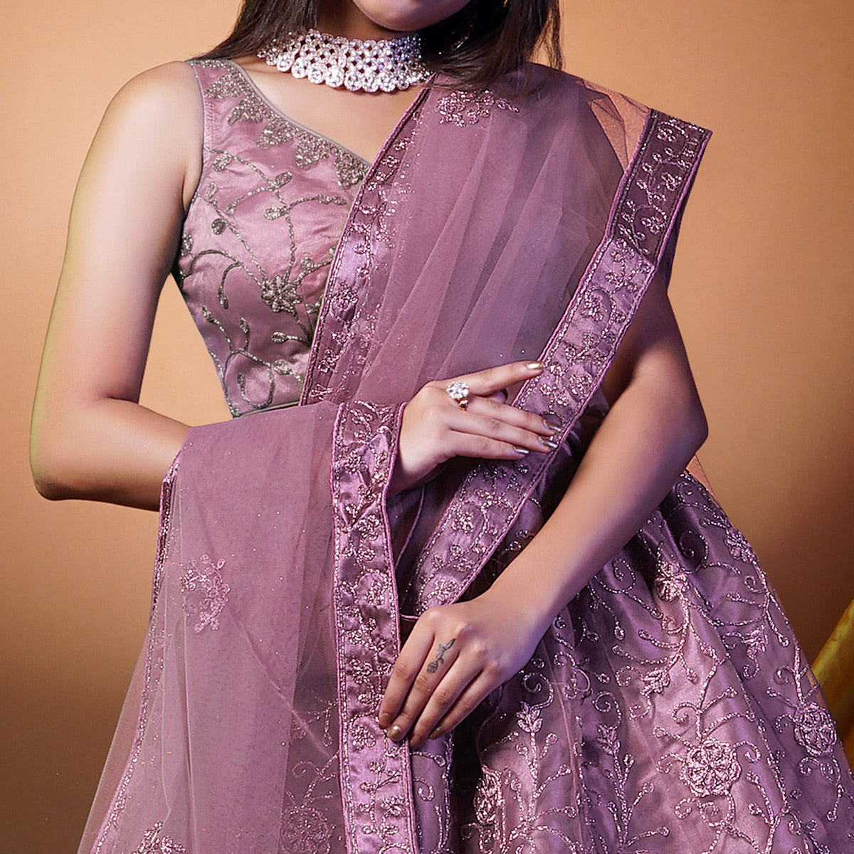 Purple Floral Embroidered Net Lehenga Choli