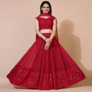 Dark Red Lucknowi Chikankari Work Georgette Lehenga Choli