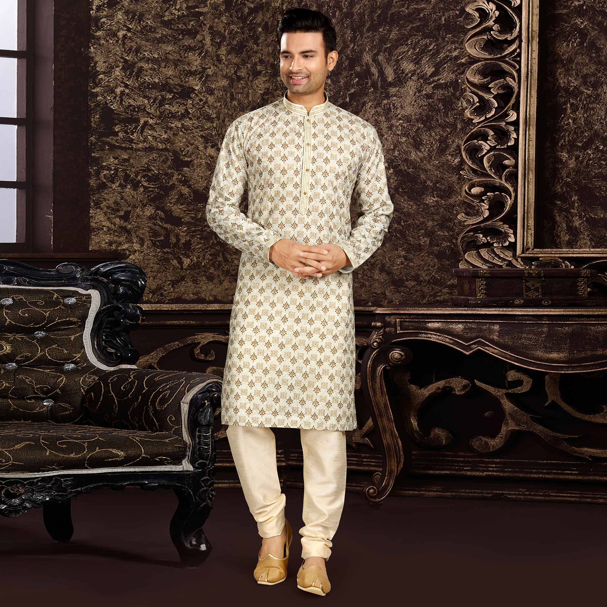 Cream Lucknowi And Digital Printed Cotton Kurta Pyjama Set