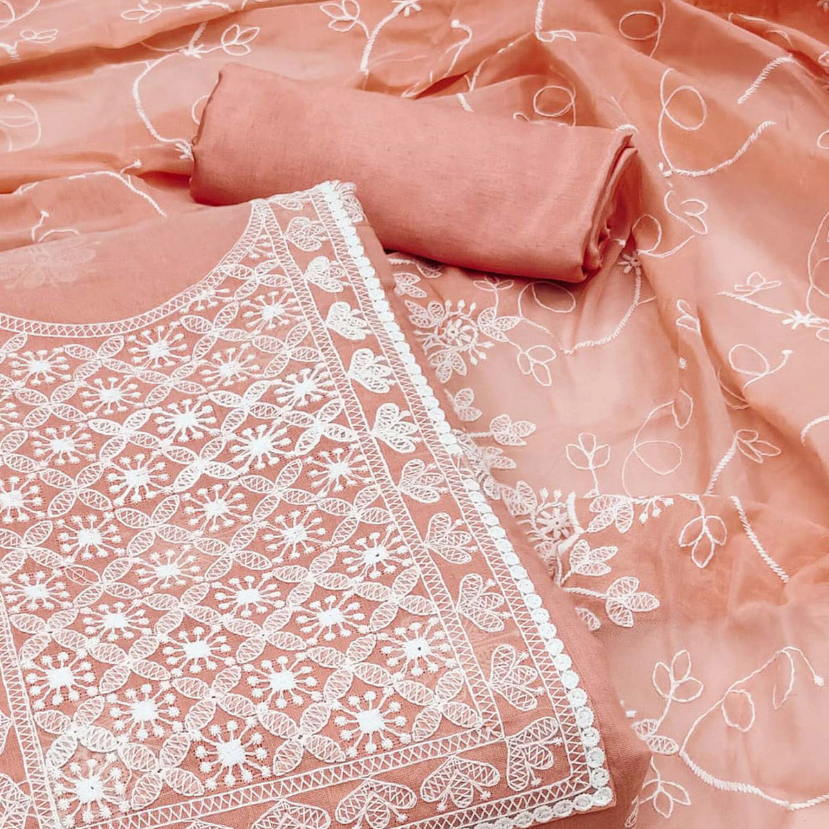 Peach Floral Embroidered Chanderi Dress Material