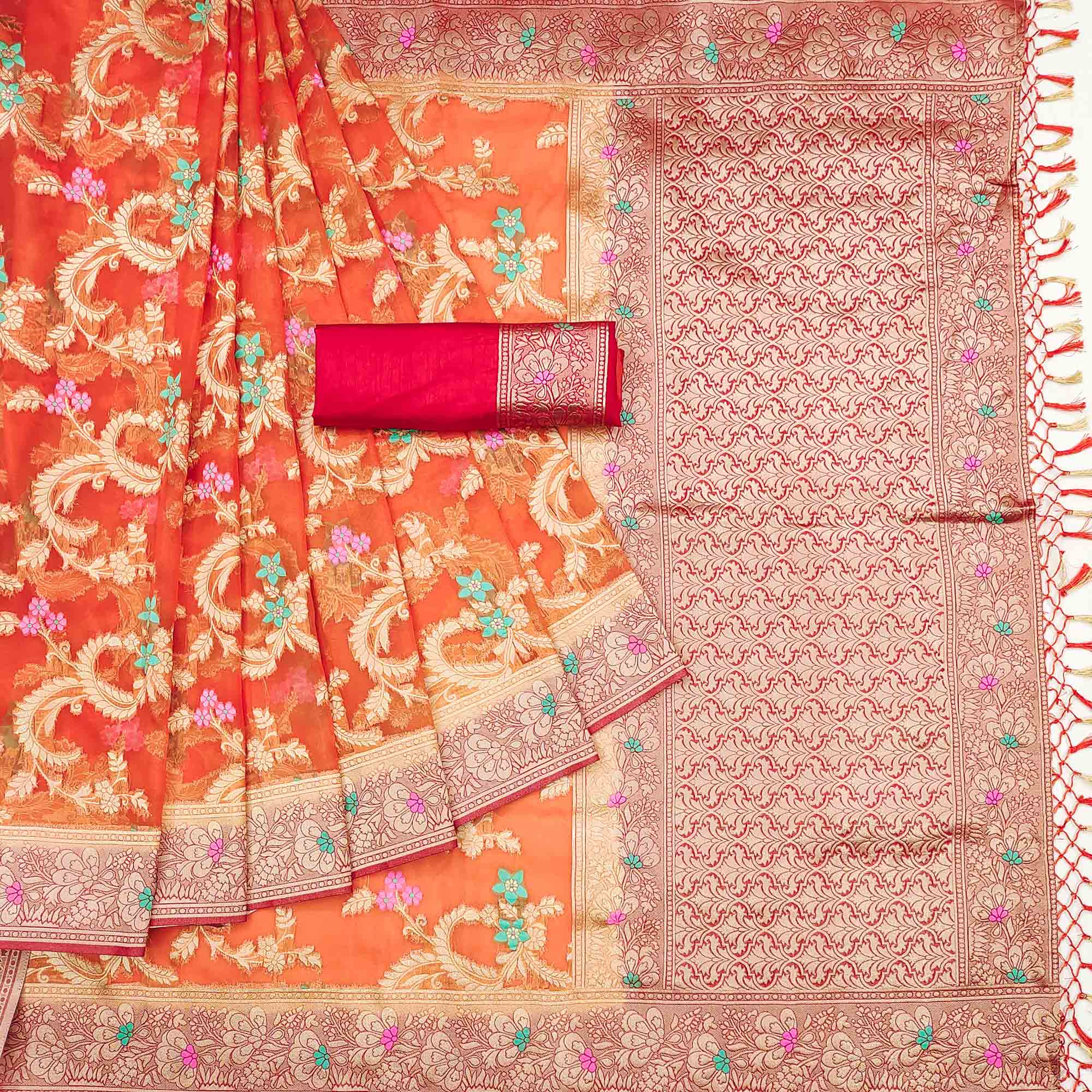 Orange Floral Woven Organza Saree With Tassels