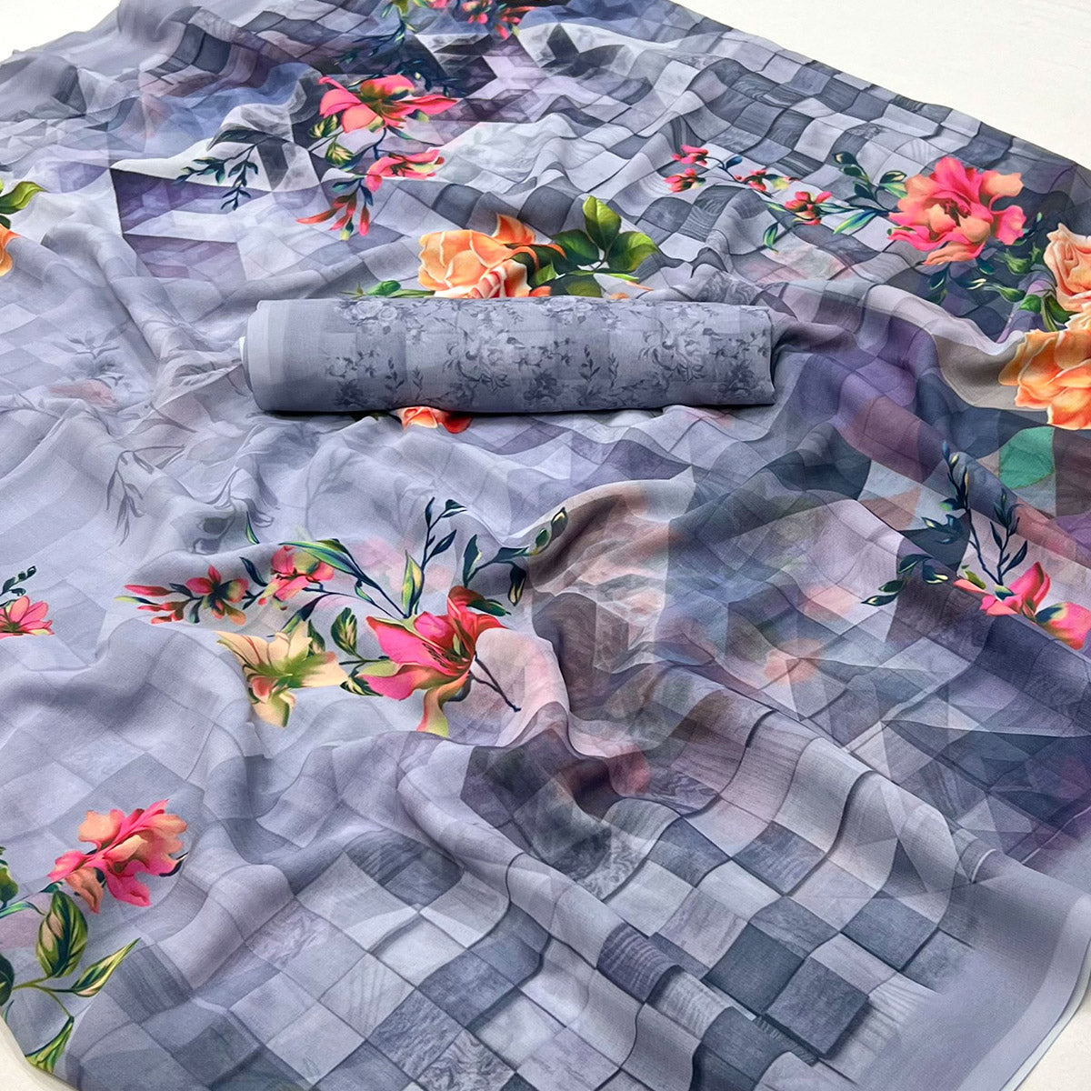 Blue Digital Printed Georgette Saree