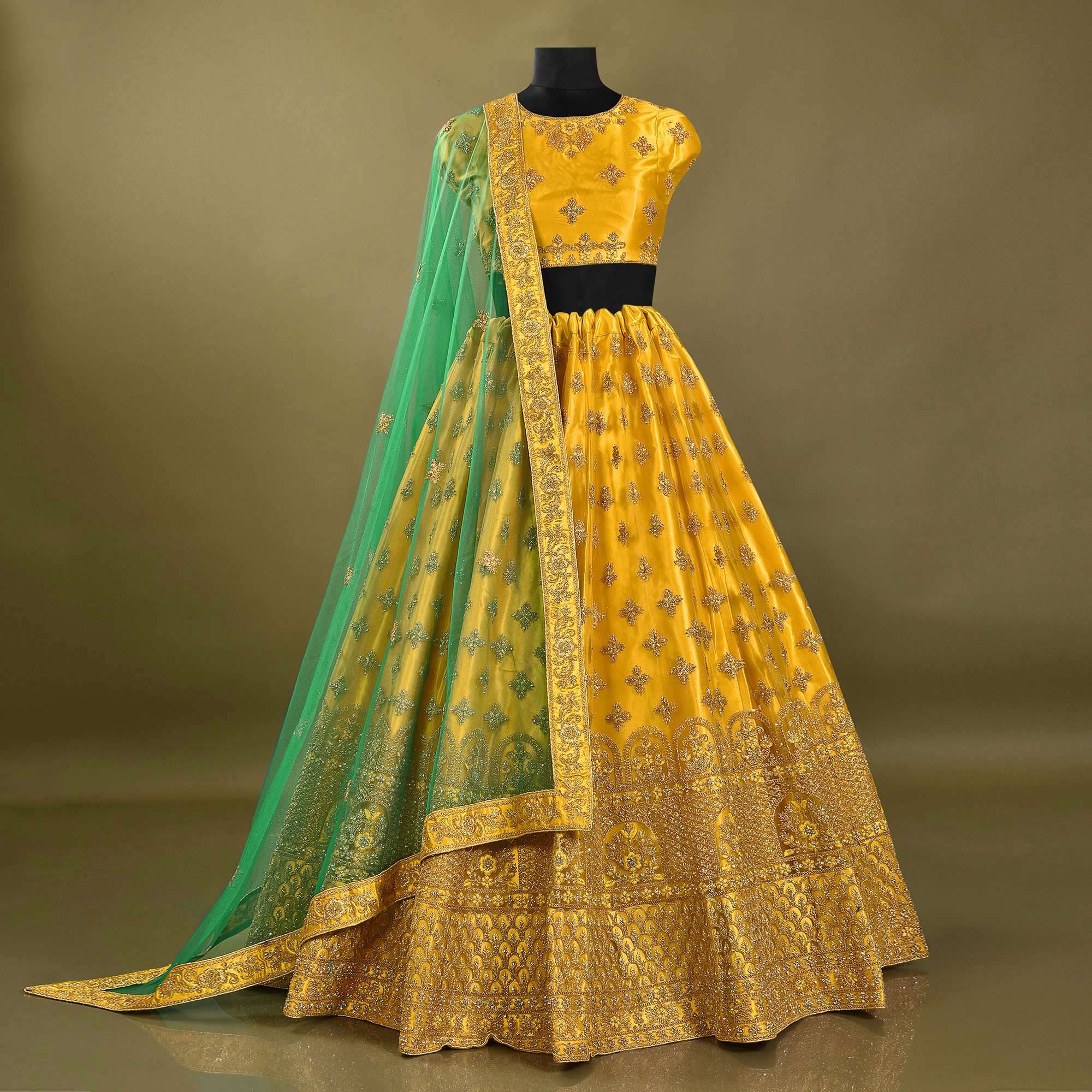 Yellow Floral Embroidered Net Lehenga Choli