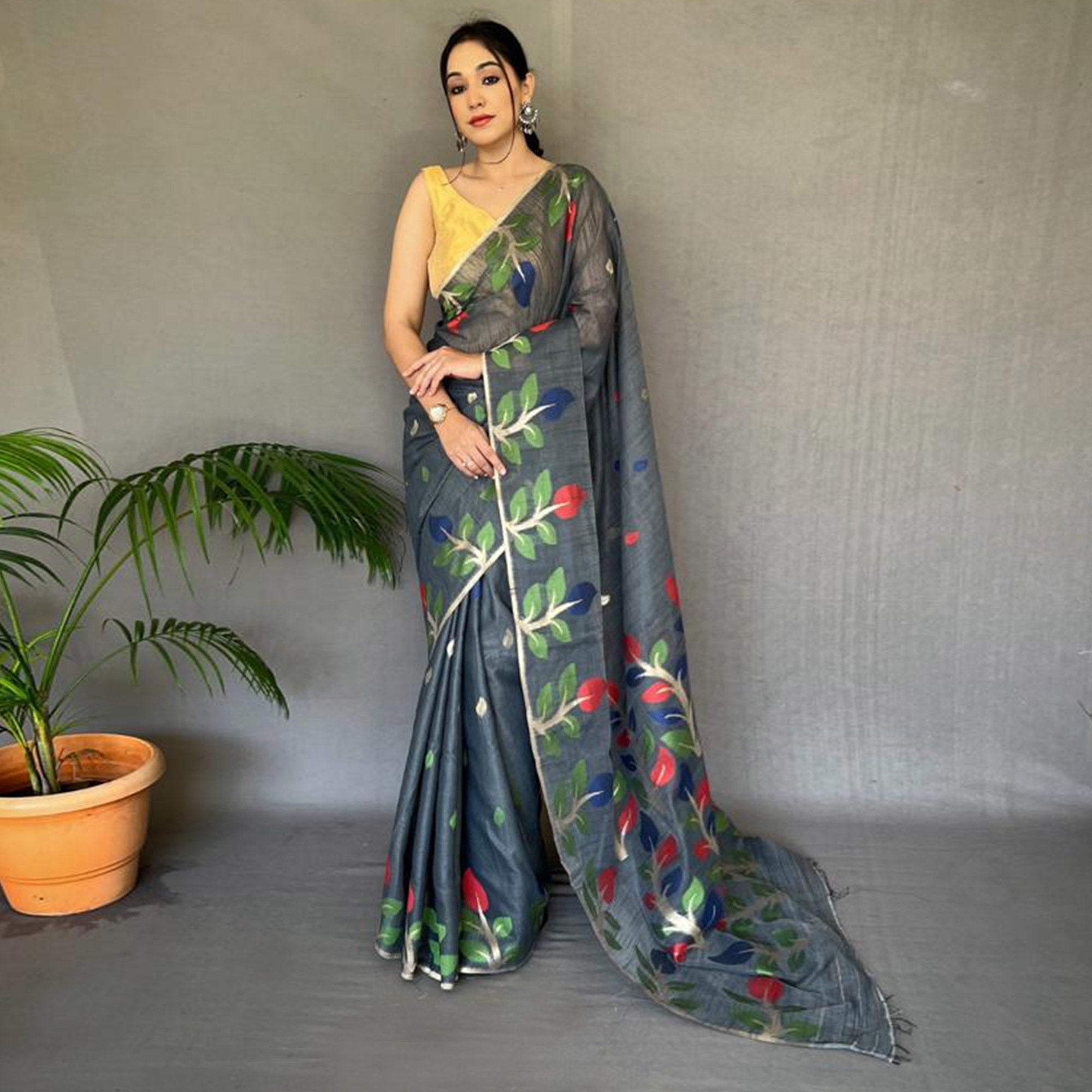 Grey Floral Woven Cotton Saree