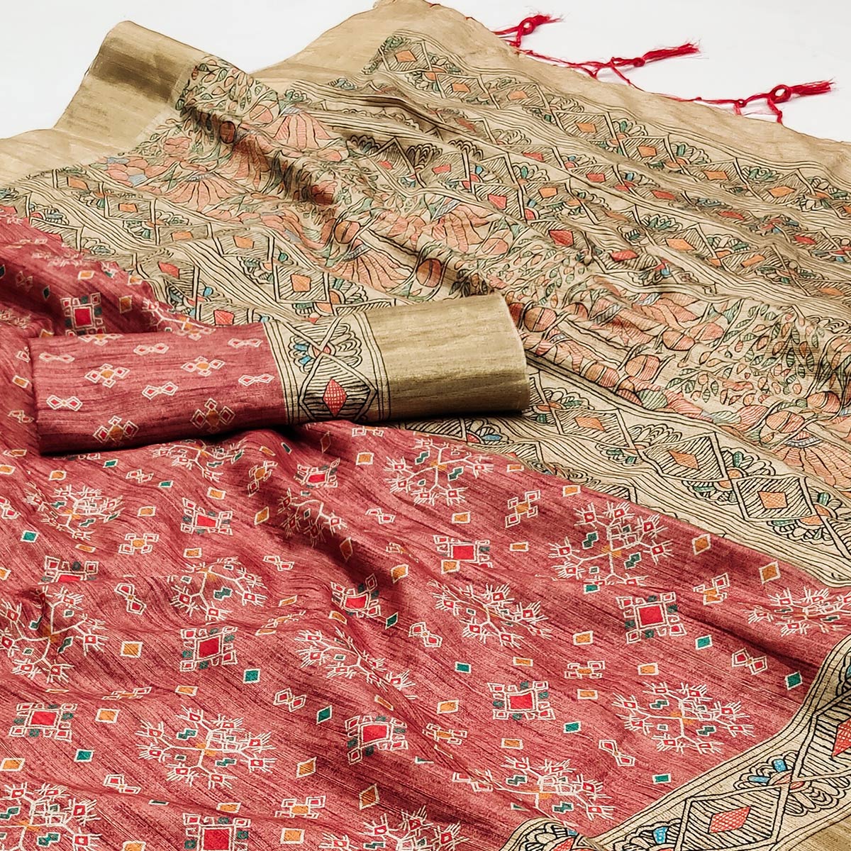 Peach Printed Matka Tussar Saree With Tassels