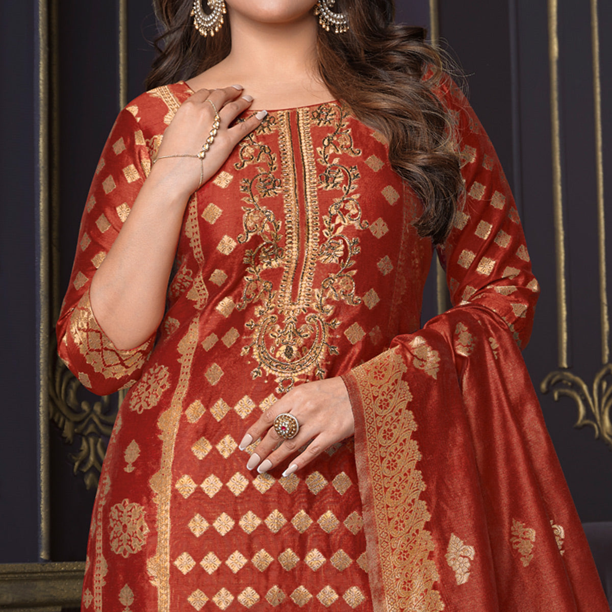 Rust Woven Banarasi Silk Salwar Suit