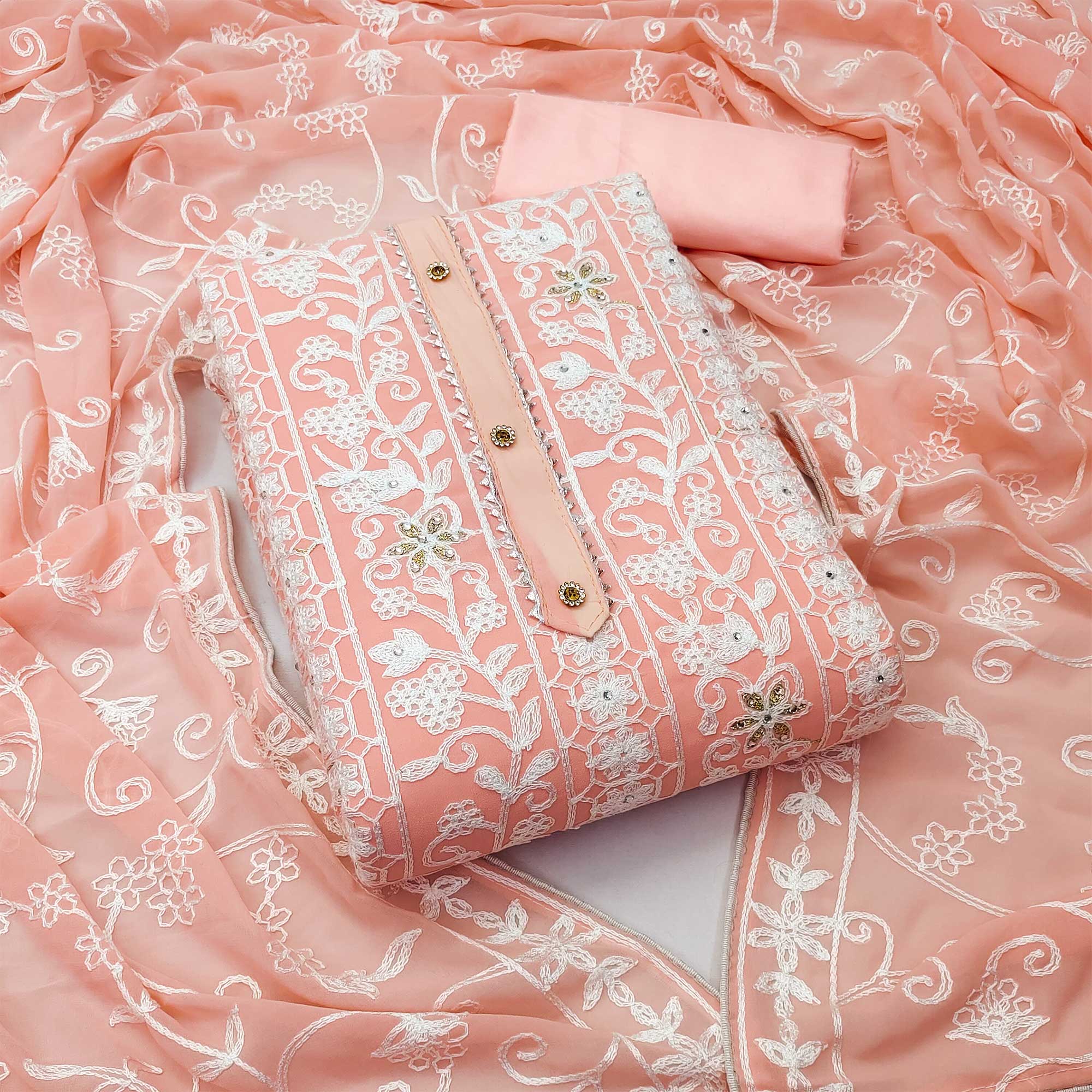 Peach Lucknowi Embroidered Georgette Dress Material