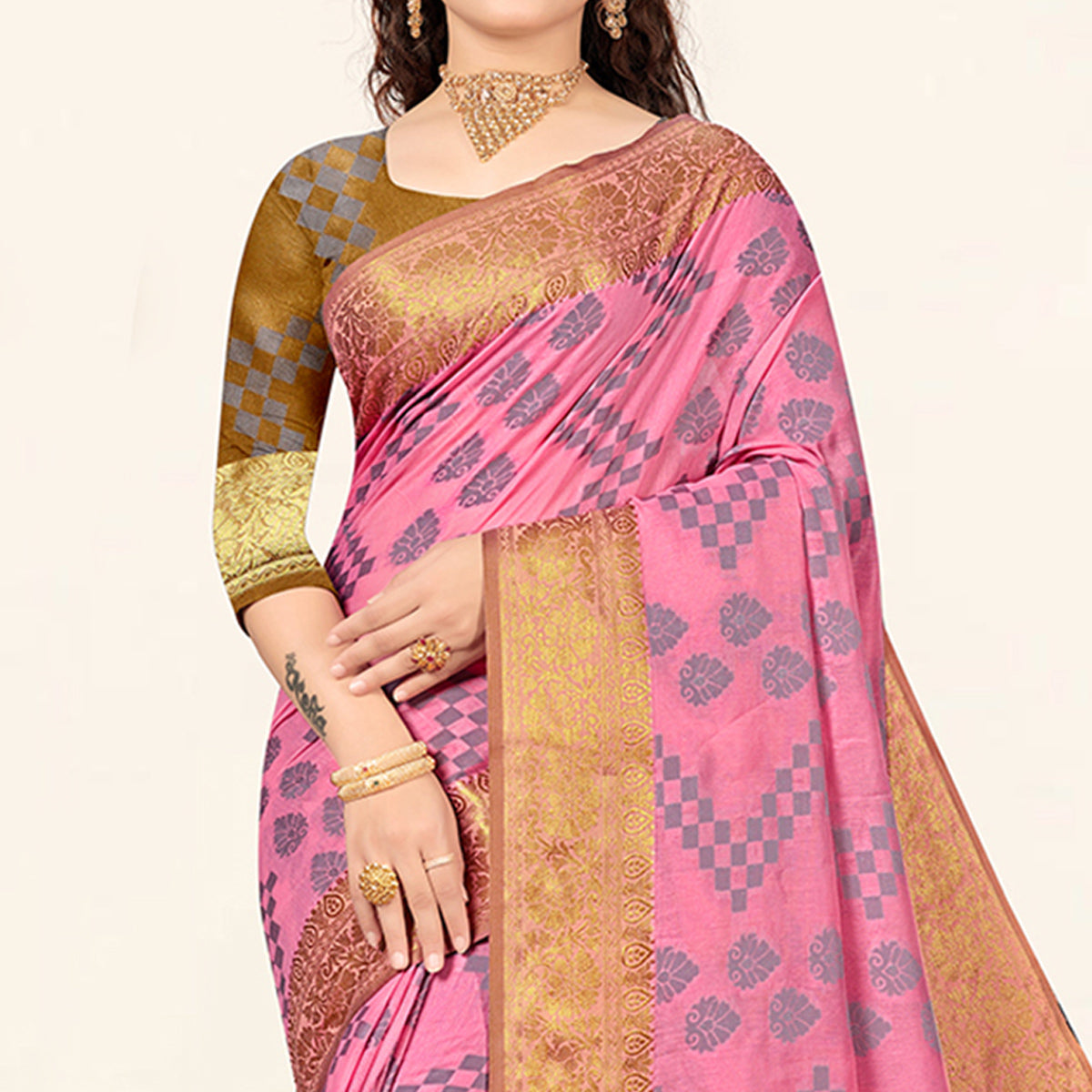 Pink Woven Cotton Saree