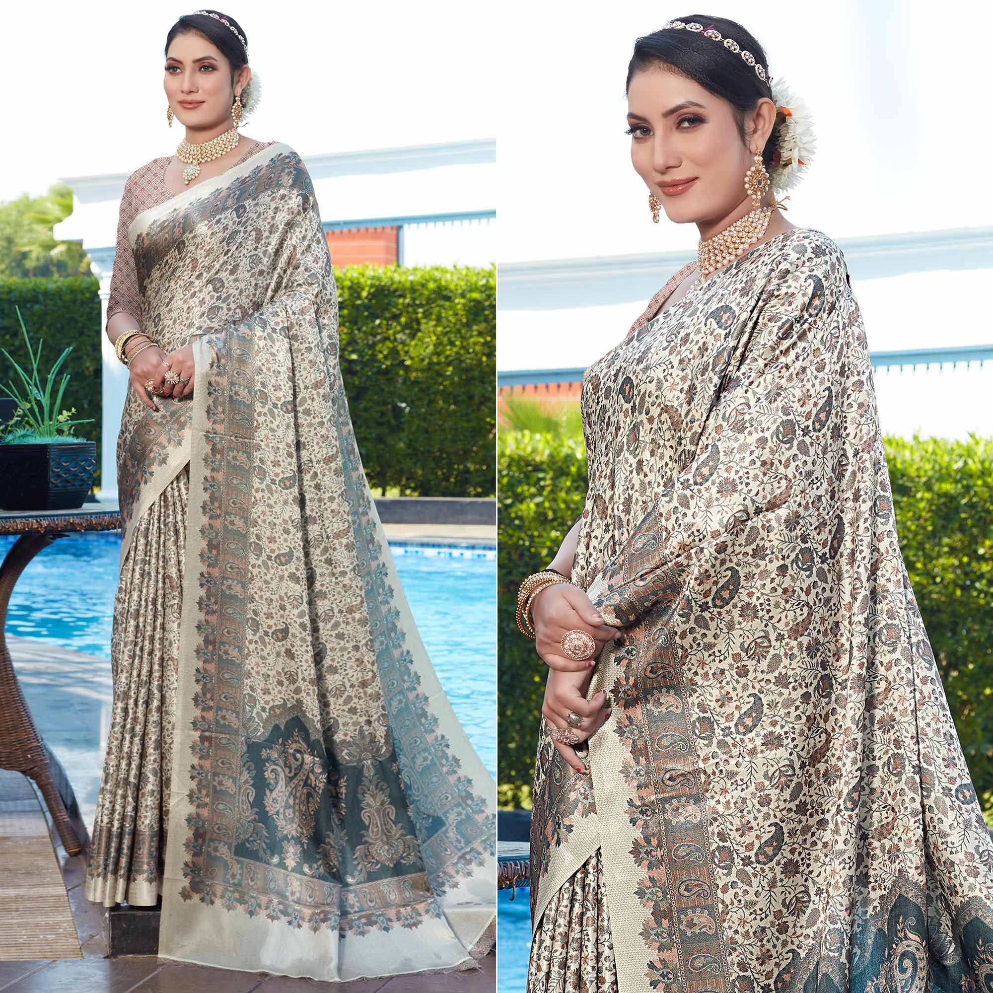 Grey Digital Printed Pashmina Saree