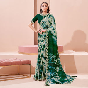 Beige & Green Printed With Mirror Work Georgette Saree