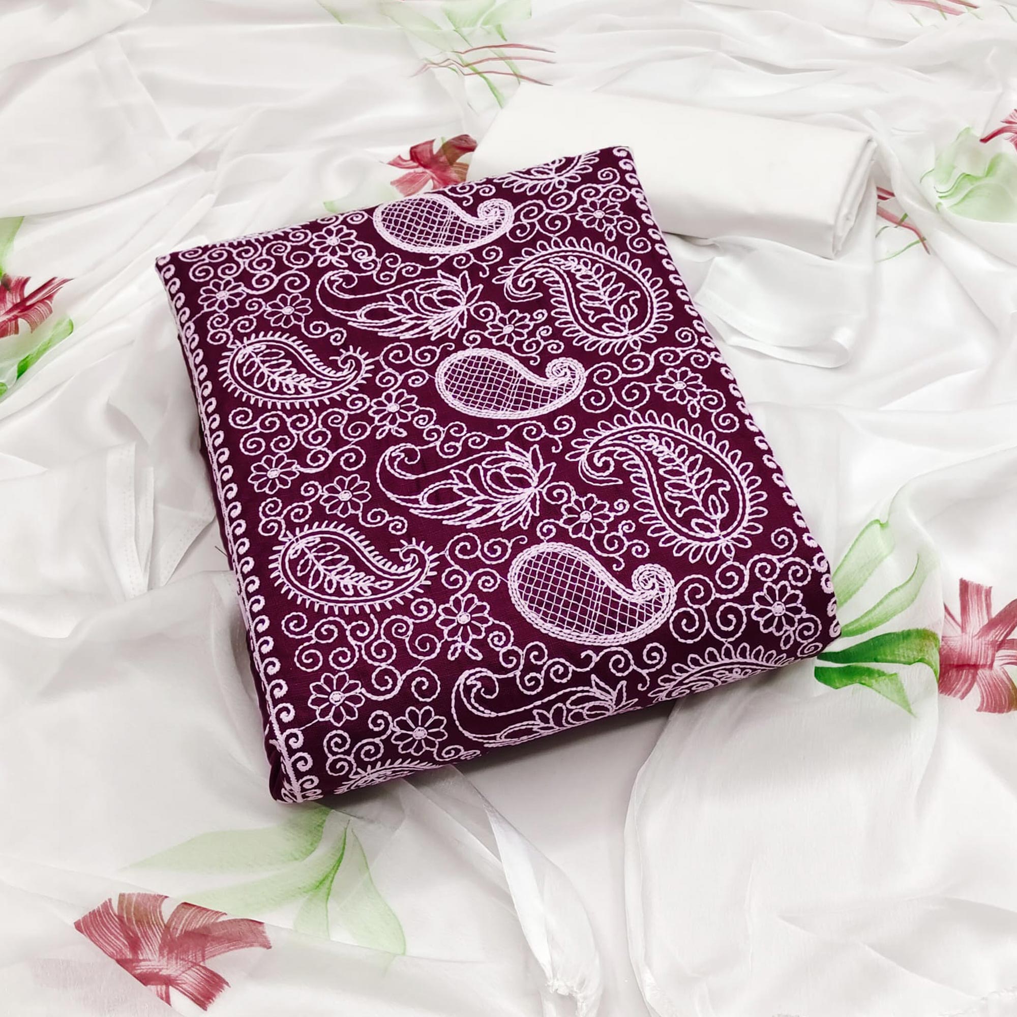 Wine Embroidered Cotton Blend Dress Material