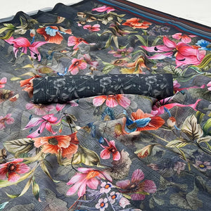 Grey Floral Digital Printed Georgette Saree