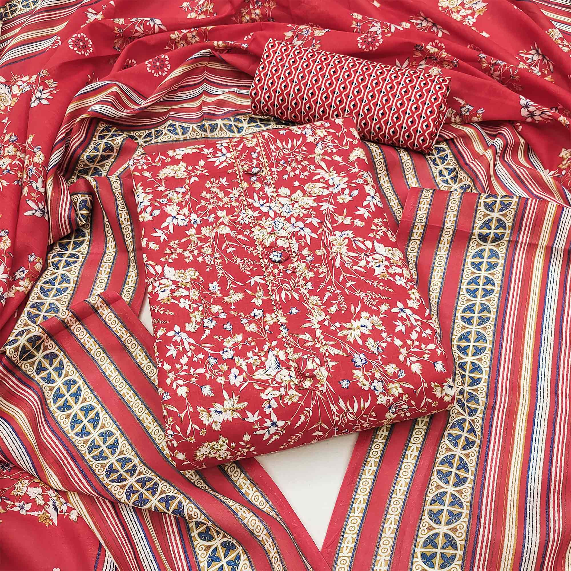 Red Floral Printed Cotton Blend Dress Material