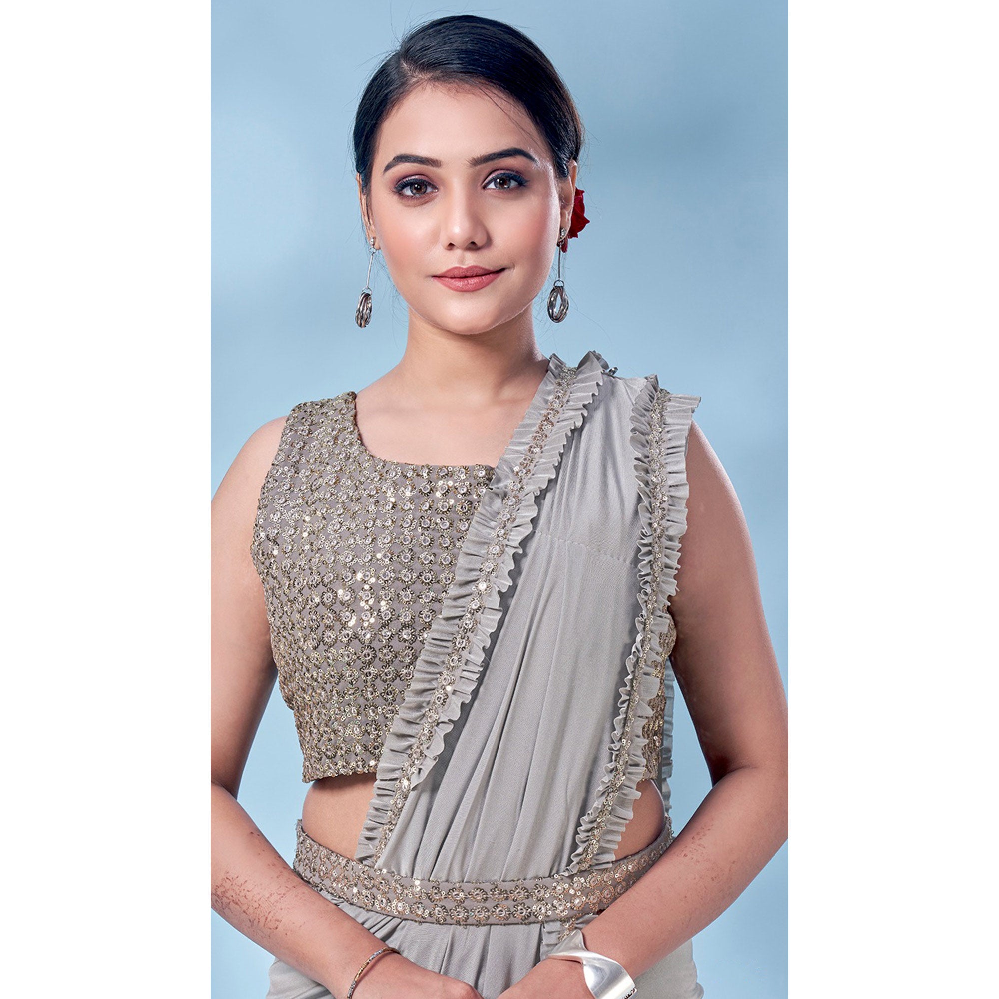 Grey Sequins Embroidered Ready to Wear Lycra Saree