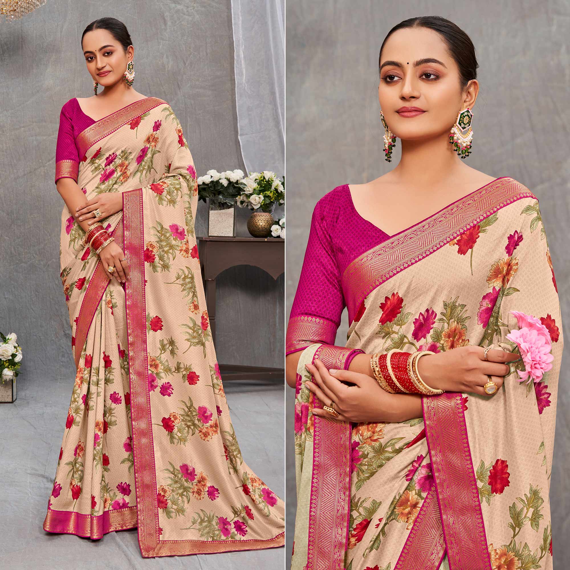 Beige Floral Printed Tussar Silk Saree