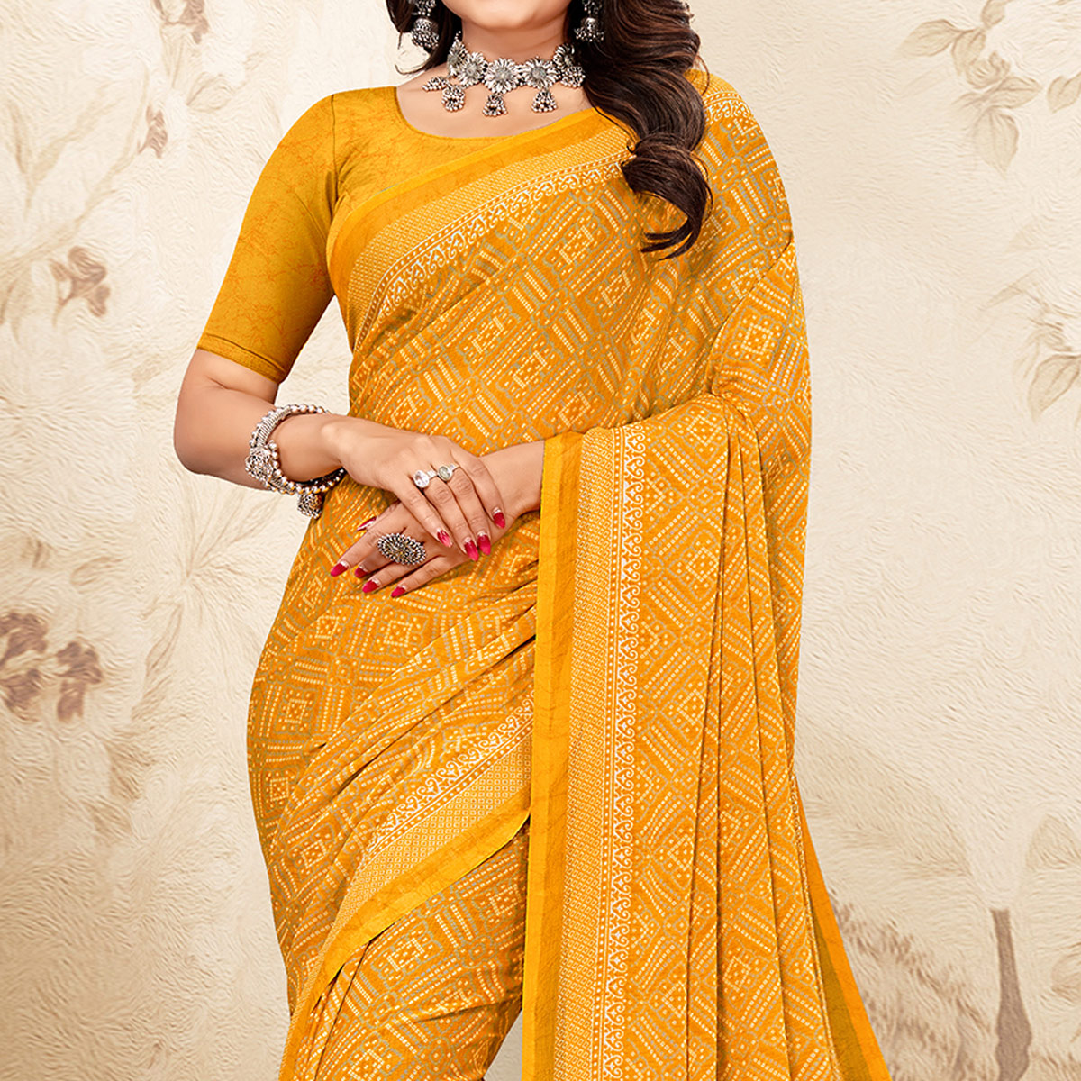 Yellow Bandhani Printed Chiffon Saree