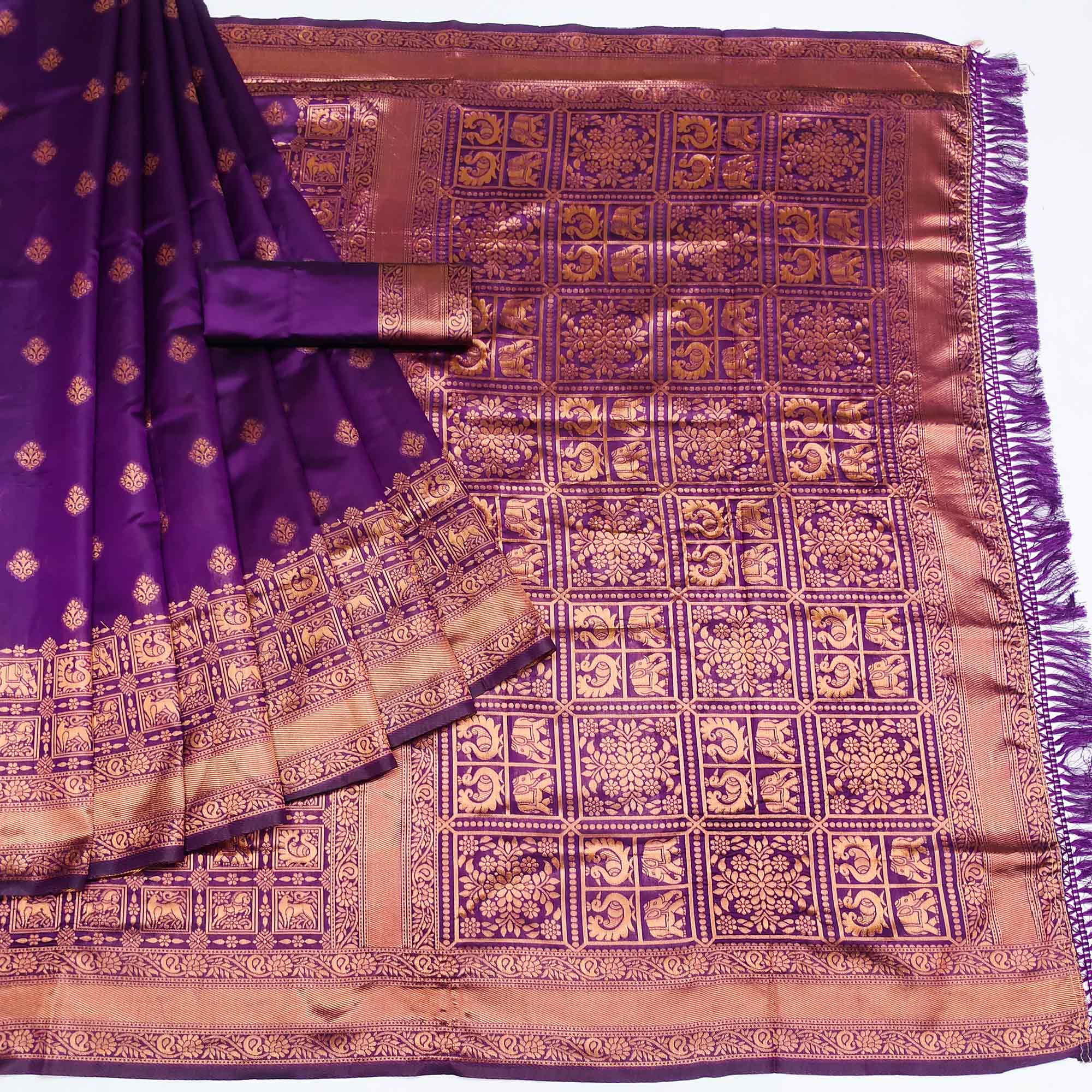 Purple Woven Jacquard Saree With Tassels