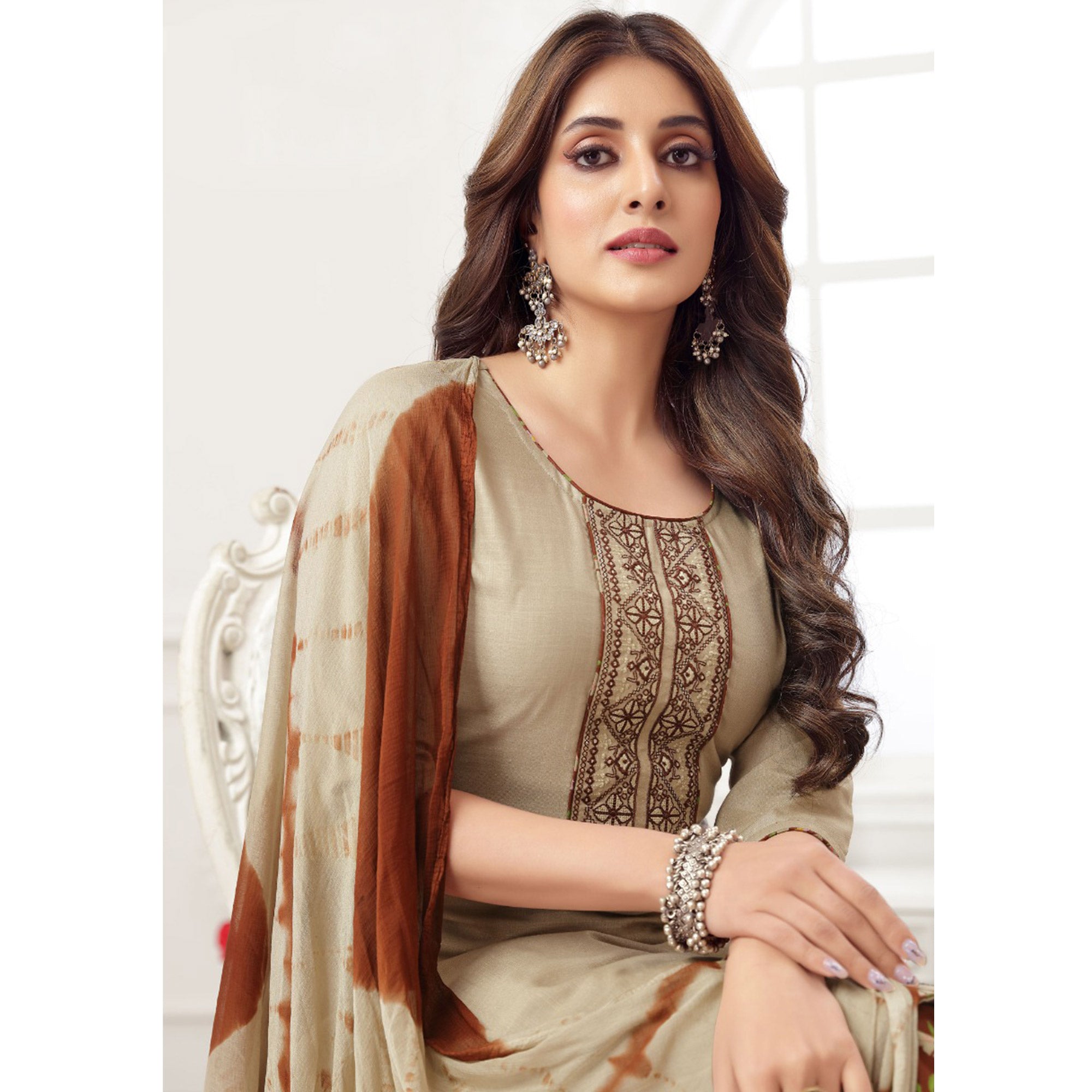 Beige Embroidered Rayon Patiala Suit